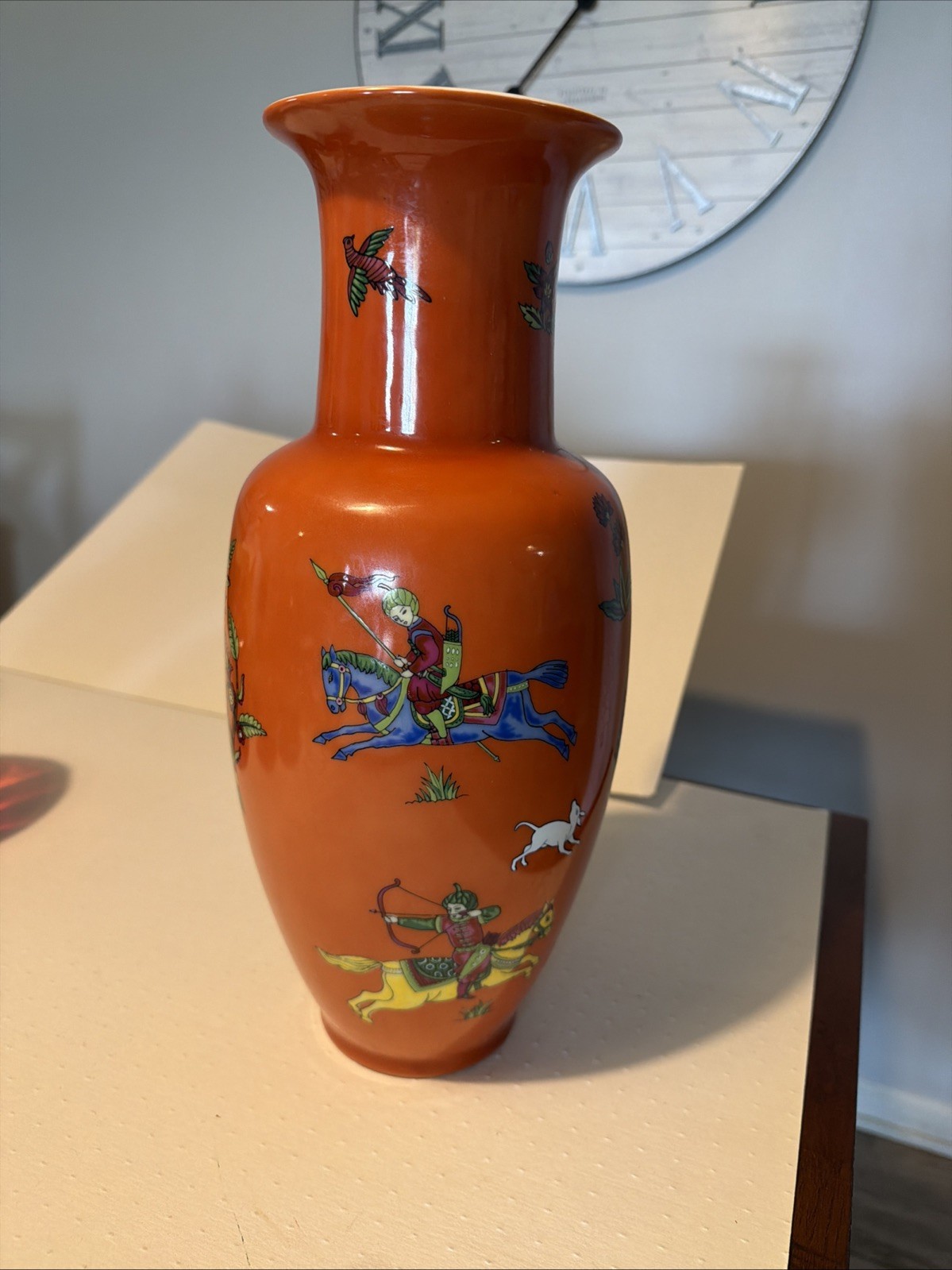 Vtg Handcrafted Seymour Mann “Persian Hunter, Circa 1642” Porcelain Orange Vase