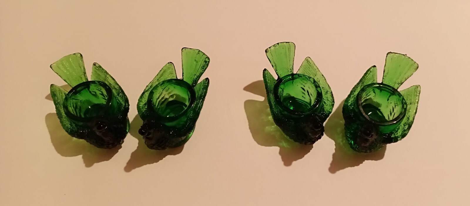 Set of 4 Green Glass Bird w Berry Salt Cellar Dishes.