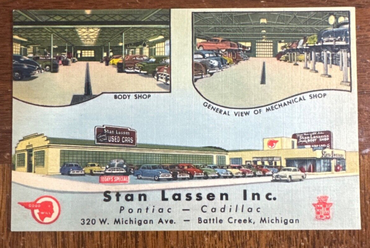 J59/ Battle Creek Michigan Postcard Linen Lassen Pontiac Cadillac Dealer 294
