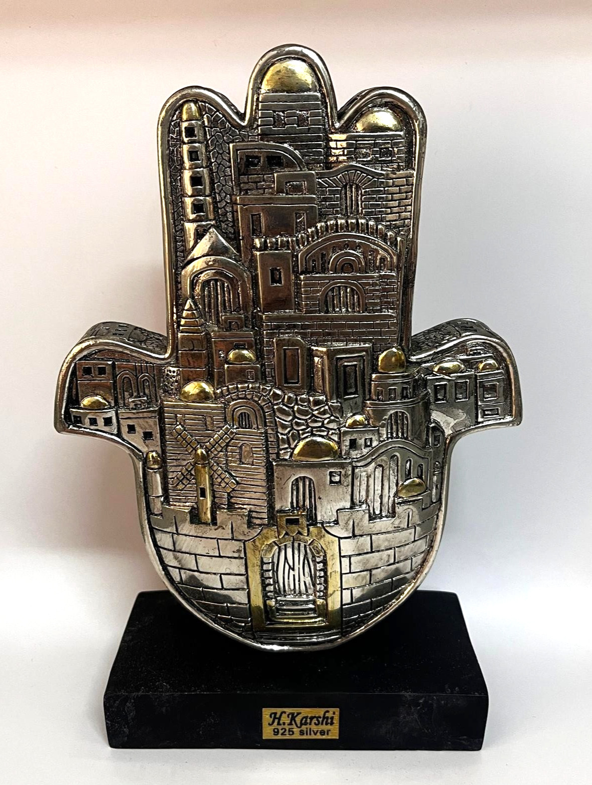 H Karshi 925 Silver Plated Jerusalem Hamsa Sculpture Gold Accents Heavy