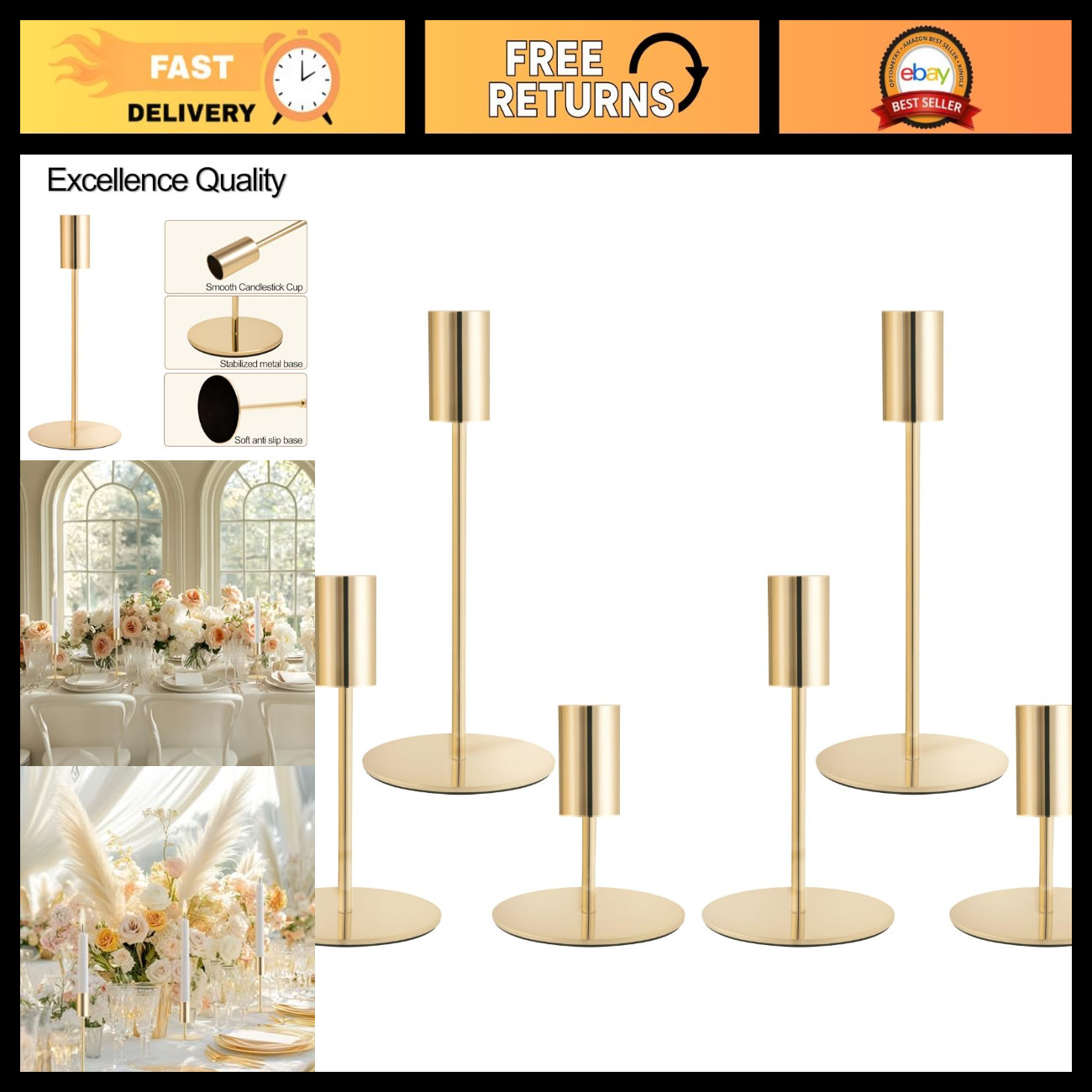 Set of 6 Gold Taper Candle Holders - Modern Minimalist Candlestick Holders