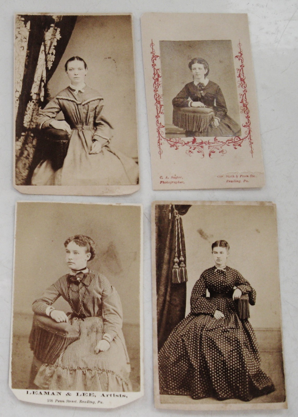 4 ANTIQUE CDV PHOTOS PORTRAITS OF LOVELY YOUNG SEATED WOMEN ALL FROM READING PA