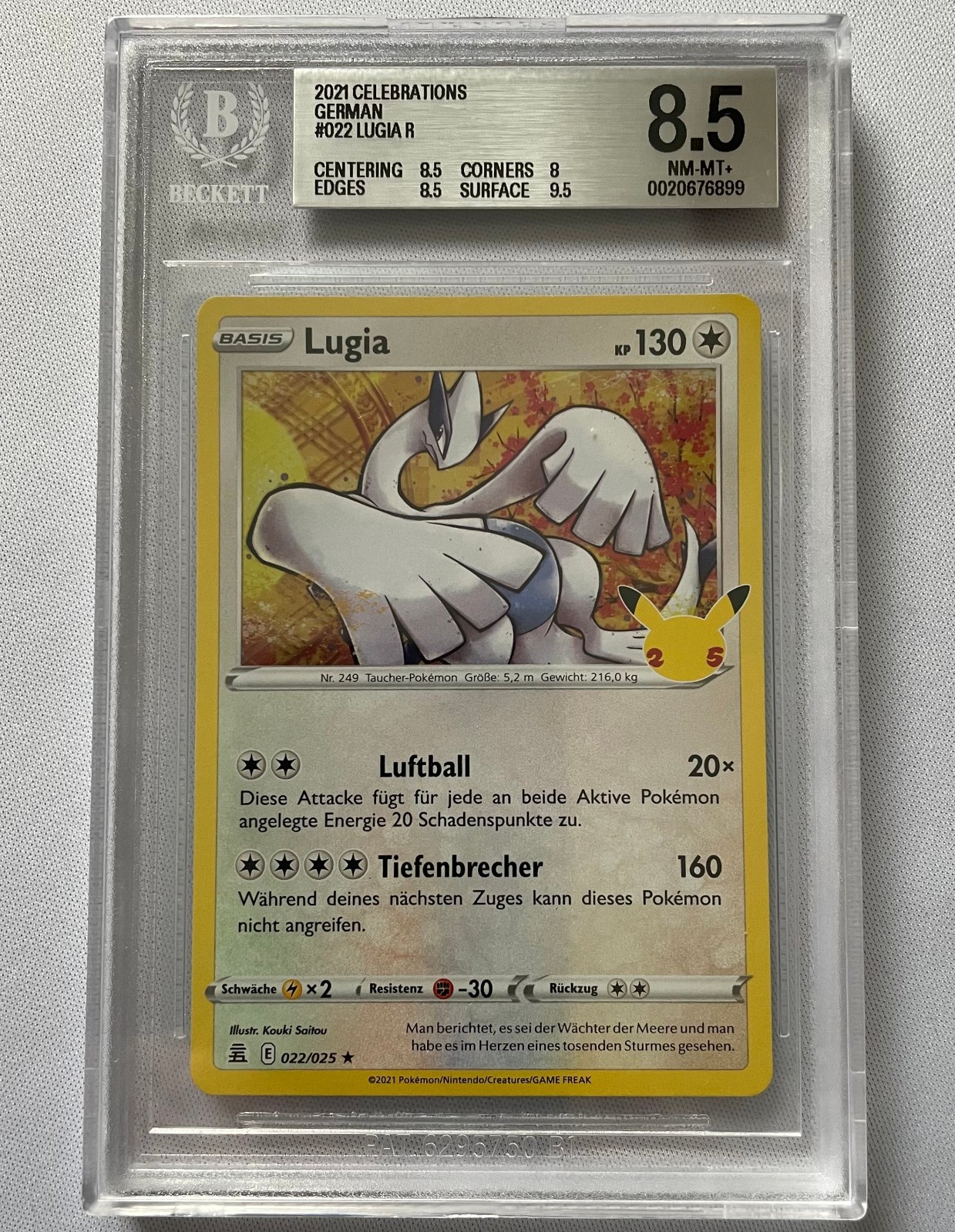 2021 Pokemon Lugia Stamp Holo R Rare 022/025 - Celebrations GER - BGS 8.5 NM-MT+