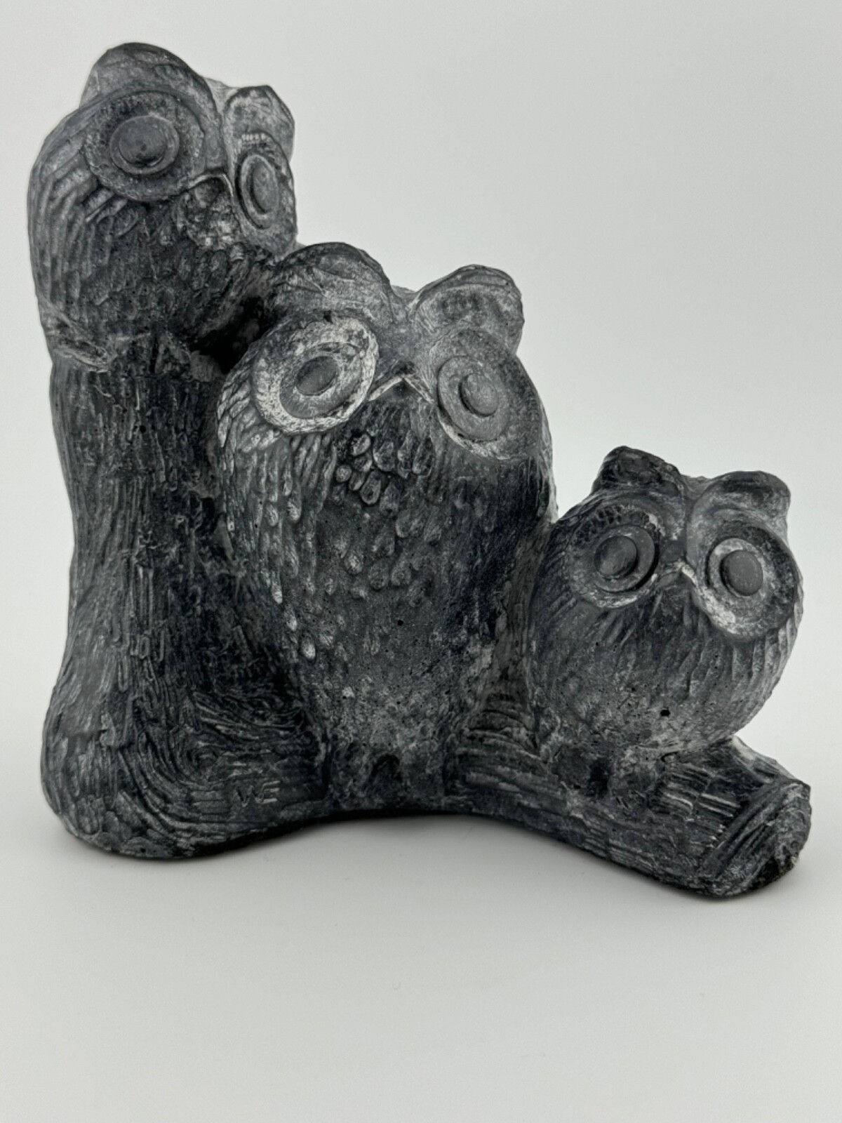 Vintage Nuvuk Canada Hand Carved Soapstone Owl Trio Figurine Original Sticker