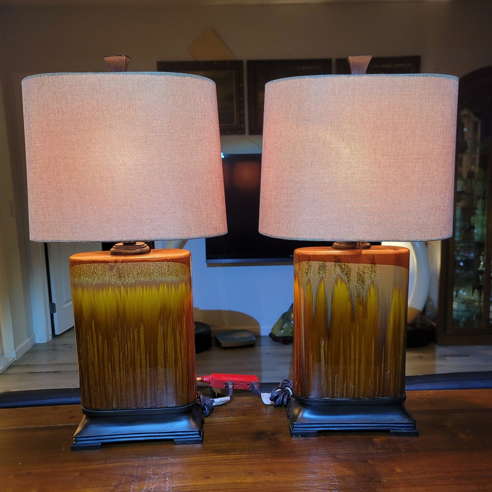 Vintage Drip Glaze Rectangular Ceramic Lamps Burlap Shades
