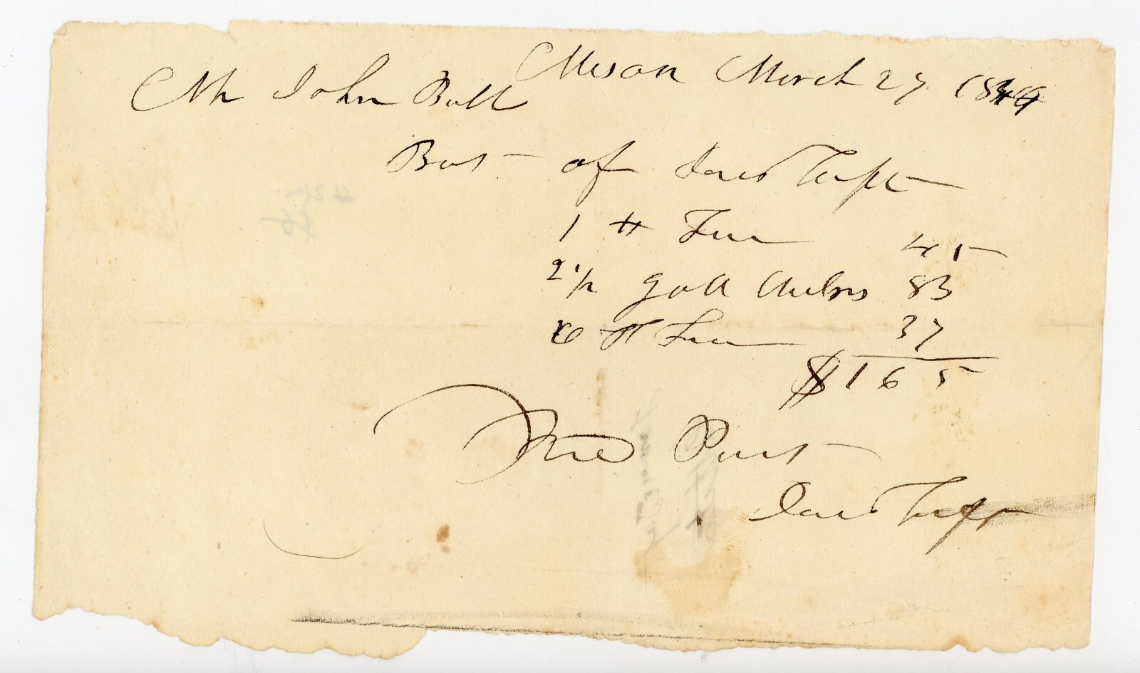 1849 Handwritten Invoice to John Bull – Mason, Ohio – Lard Tallow Gold Anchors