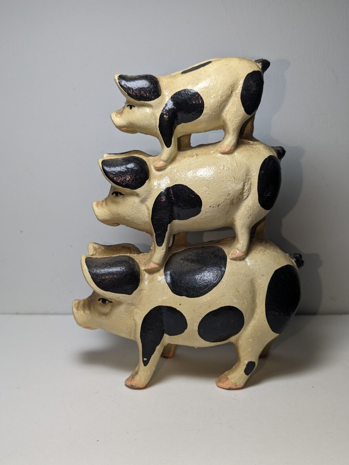 Vintage Cast Iron Black & White 3 Pigs Stacked On Top of Each Other 7\