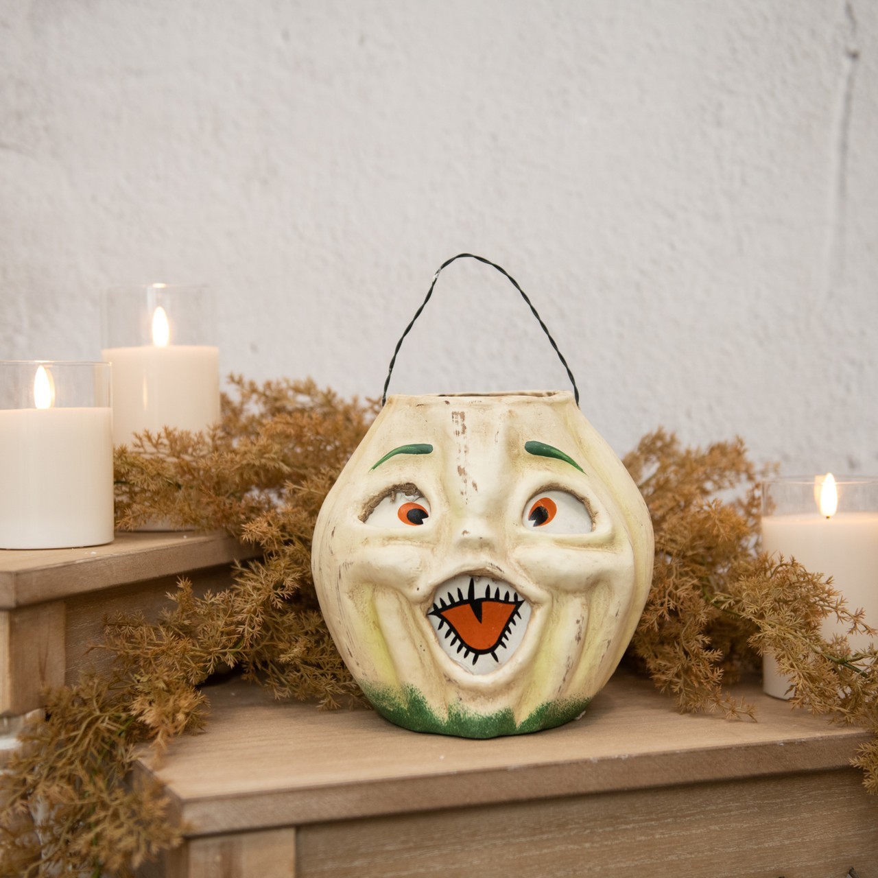 Primitive Halloween White Ragon House Jack O Lantern Pumpkin Choir Boy Bucket 7”
