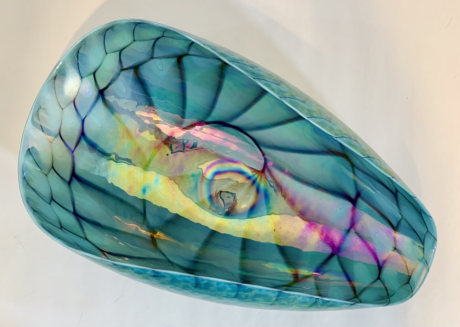 FORNACE FERRO MURANO TURQUOISE RAINBOW GLASS SHELL BOWL MADE IN ITALY MINT