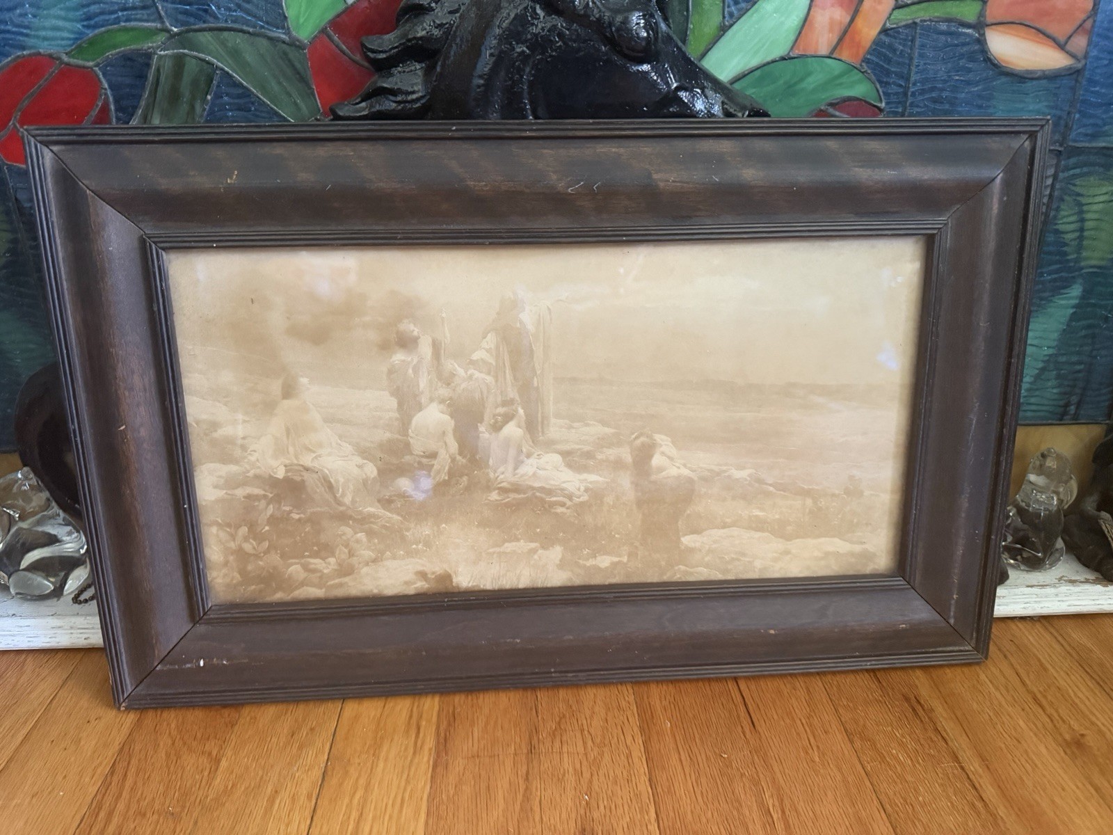 Antique Dark Wood Framed Black & White Picture, Sea Side, Bathing, Celestial