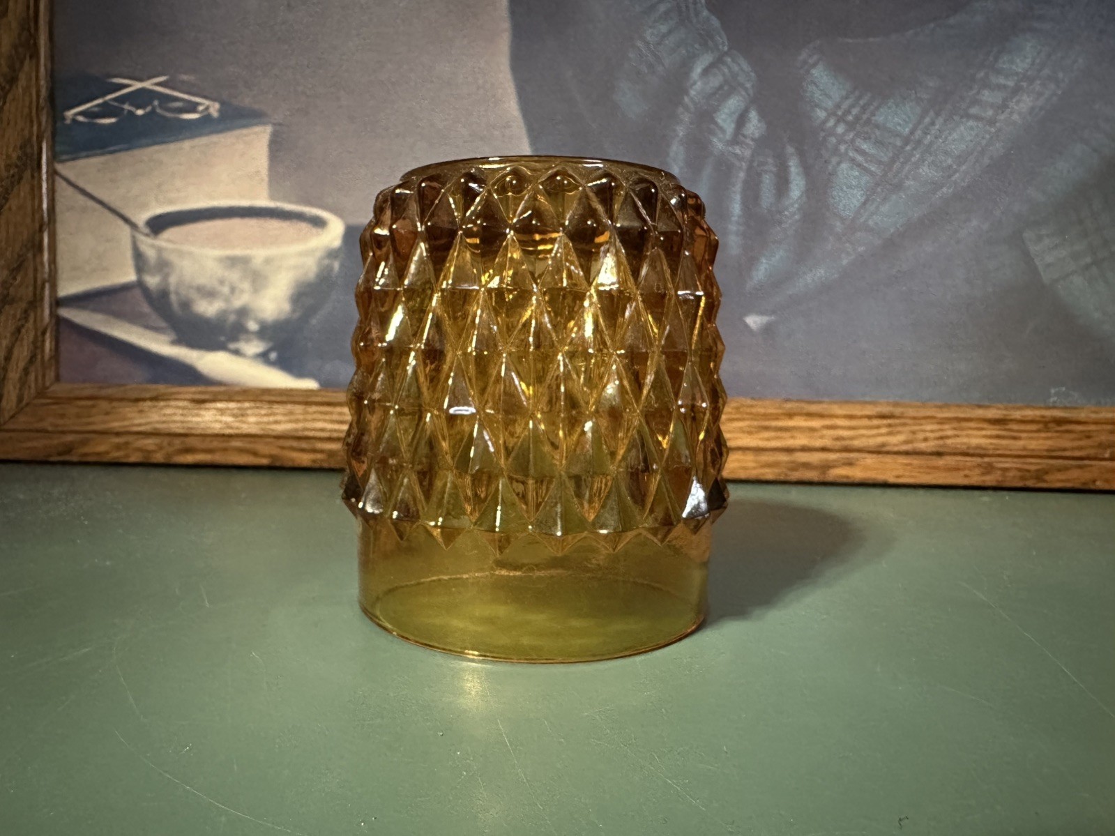 Vintage Indiana Amber Glass Diamond Point Fairy Lamp • Top only