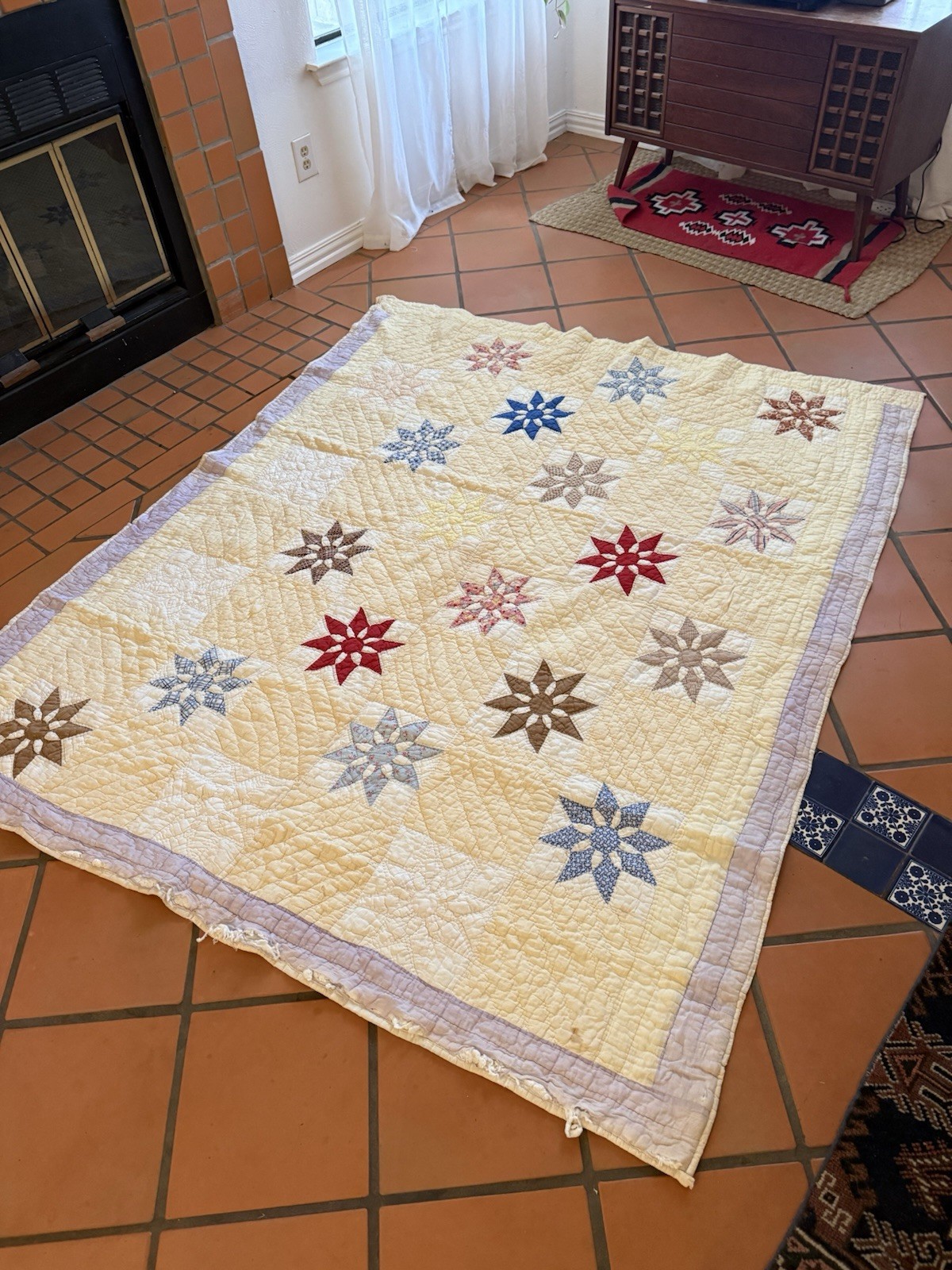 Antique Vintage Hand Made Quilt Star wedding Band Daisy Flower Folk Art 68x80