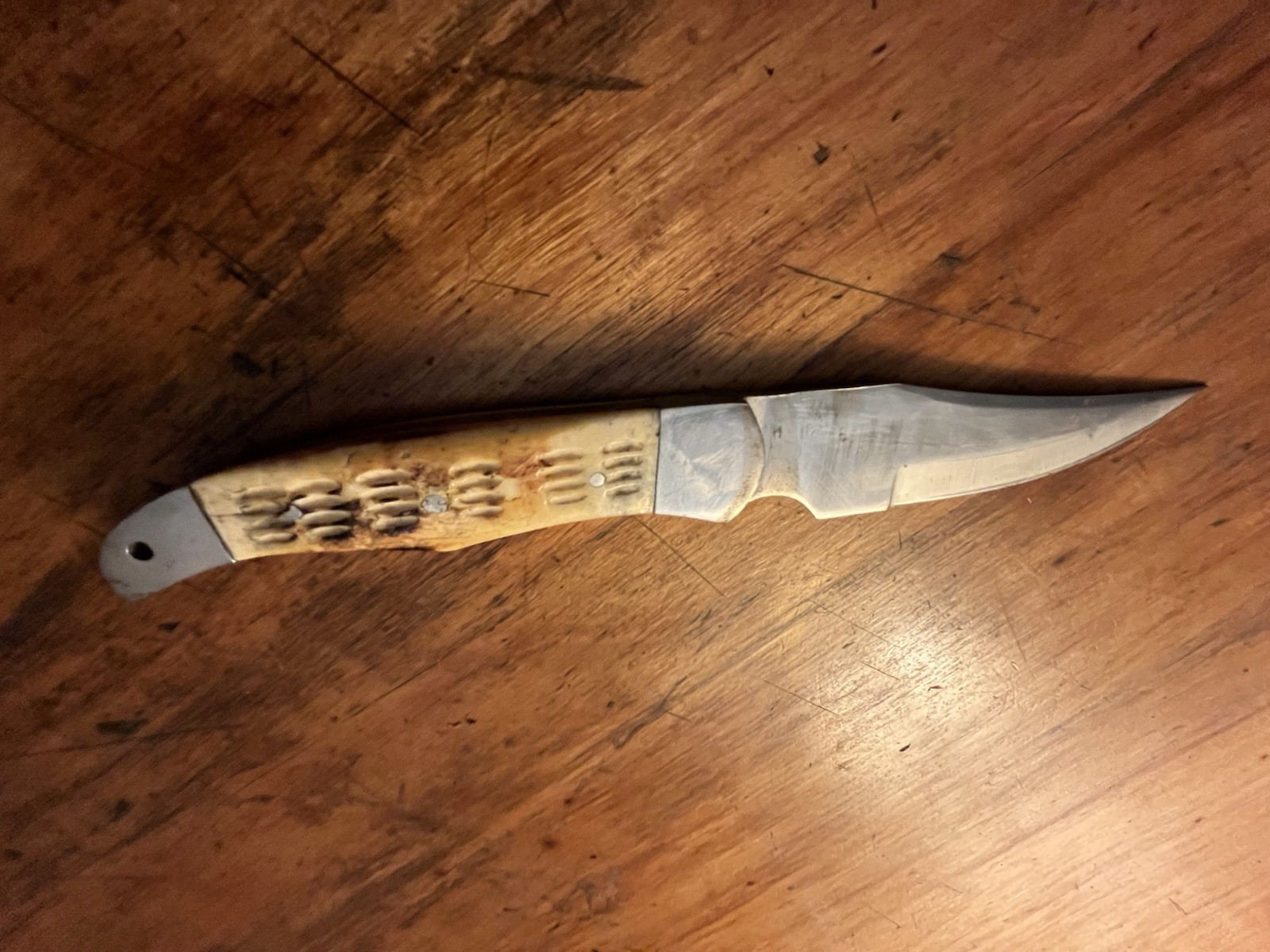 Vintage Stag Handled Fixed Blade Knife With Leather Sheath Sharpening Stone