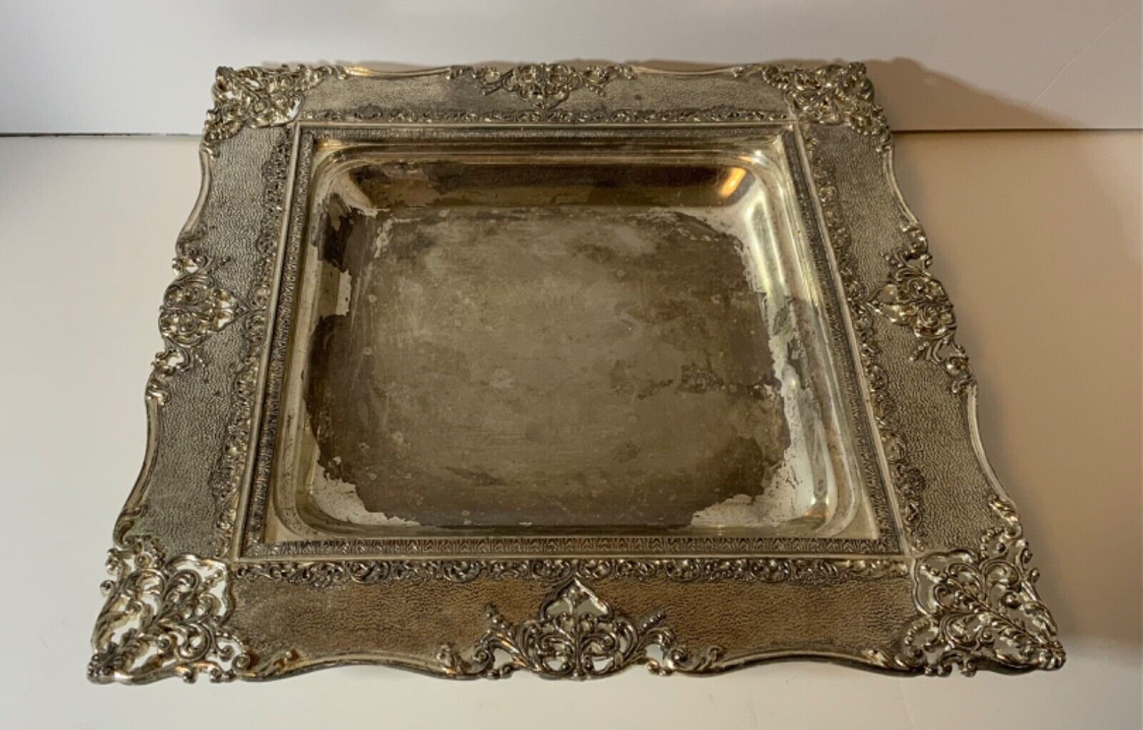 VTG Metal Footed Tray 10” Square Beautiful Detail Embossed Carving 4 Feet Patina