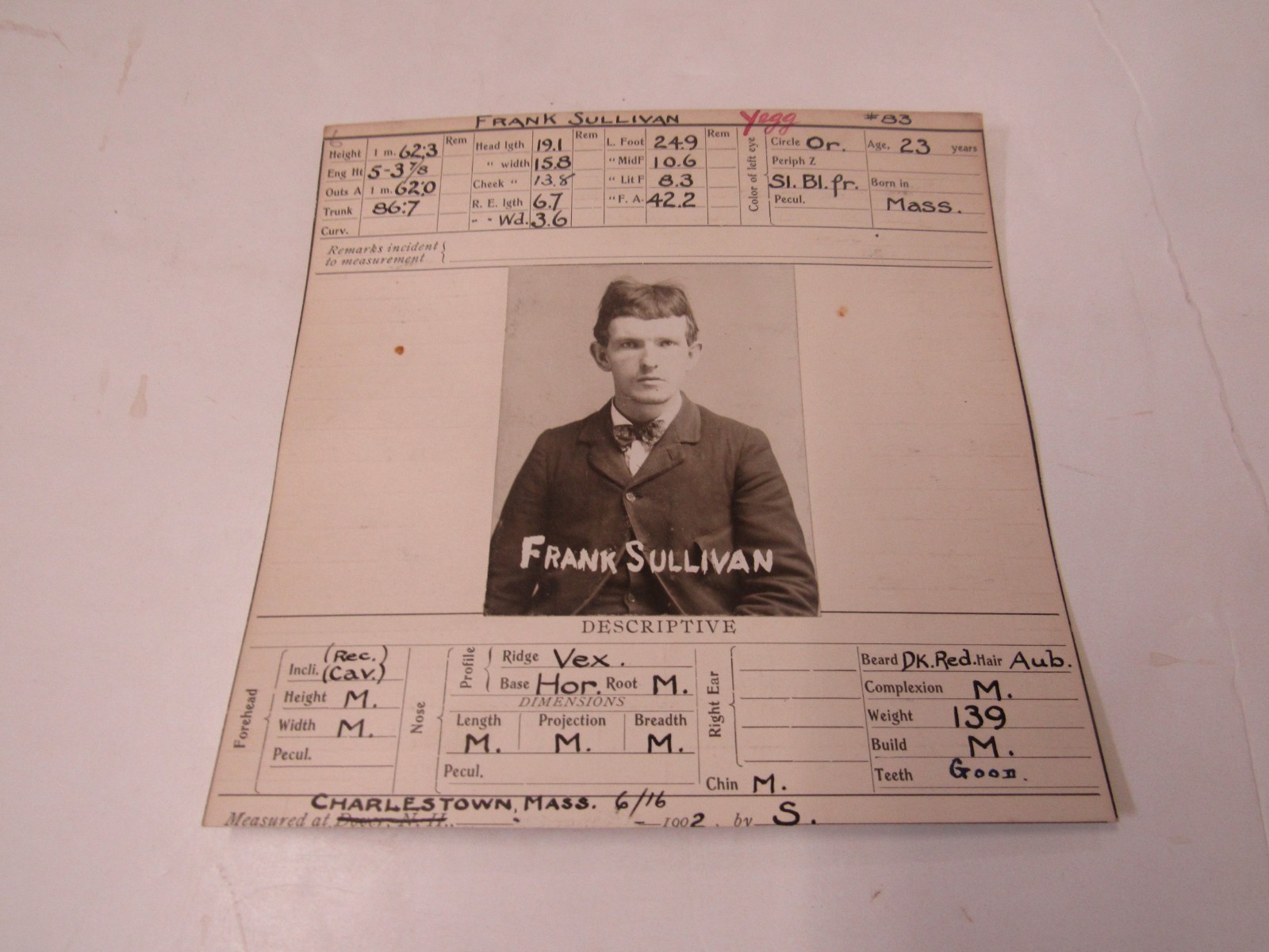 1906 Charlestown MA MUG SHOT Frank Sullivan w/ Photo, List of Tattoos, Yeggman