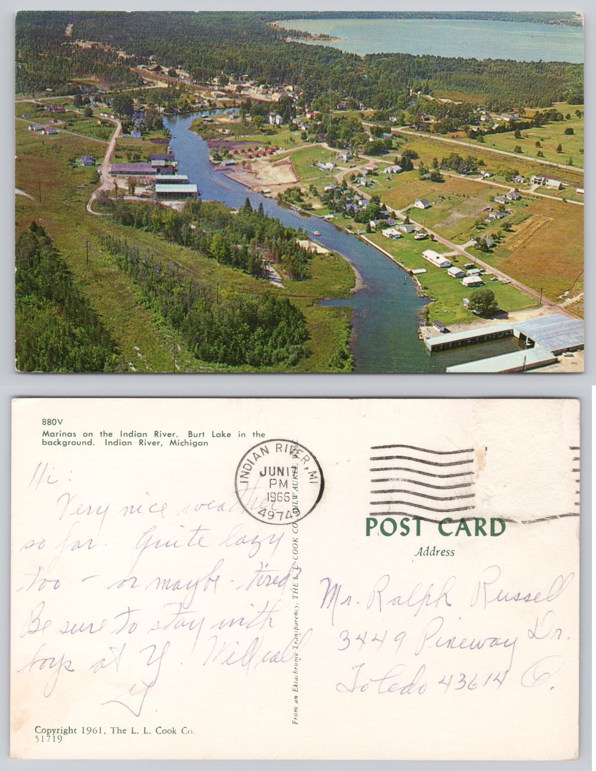 Vintage 1966 Indian River Michigan Marinas Burt Lake Aerial Chrome Postcard