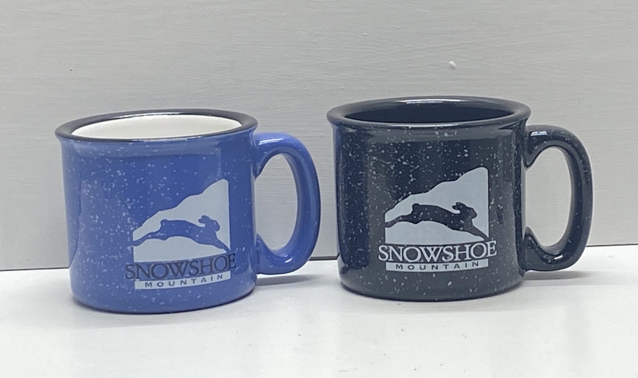 Pair of Snowshoe Mountain Coffee Mugs Blue Black White Rabbit Logo 14 oz