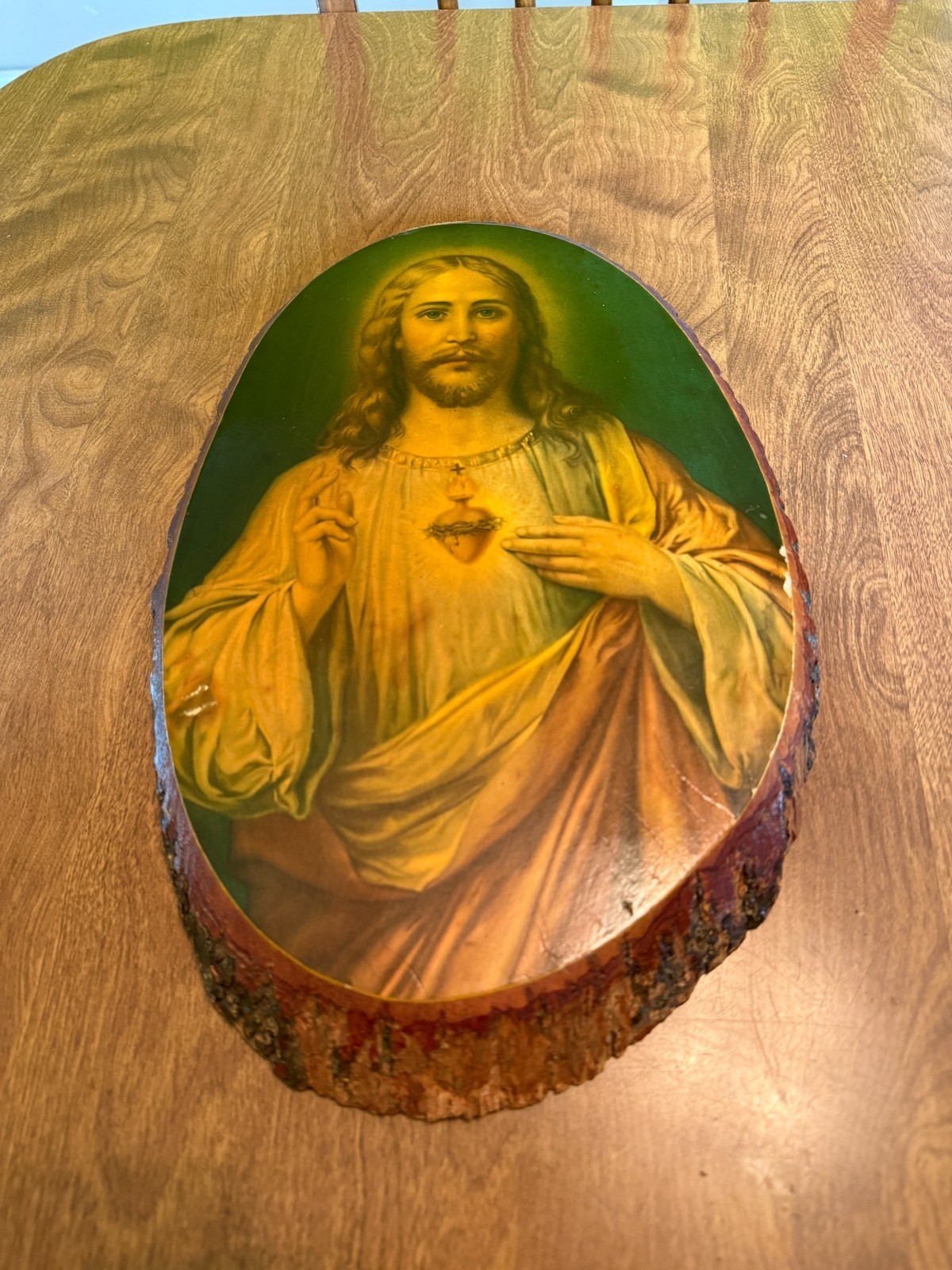 Sacred Heart of Jesus Wood Slice Plaque Vintage Devotional Art