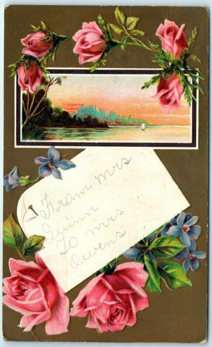 Postcard - Love/Romance Greeting Card - Roses/Flowers and Landscape Scene Art