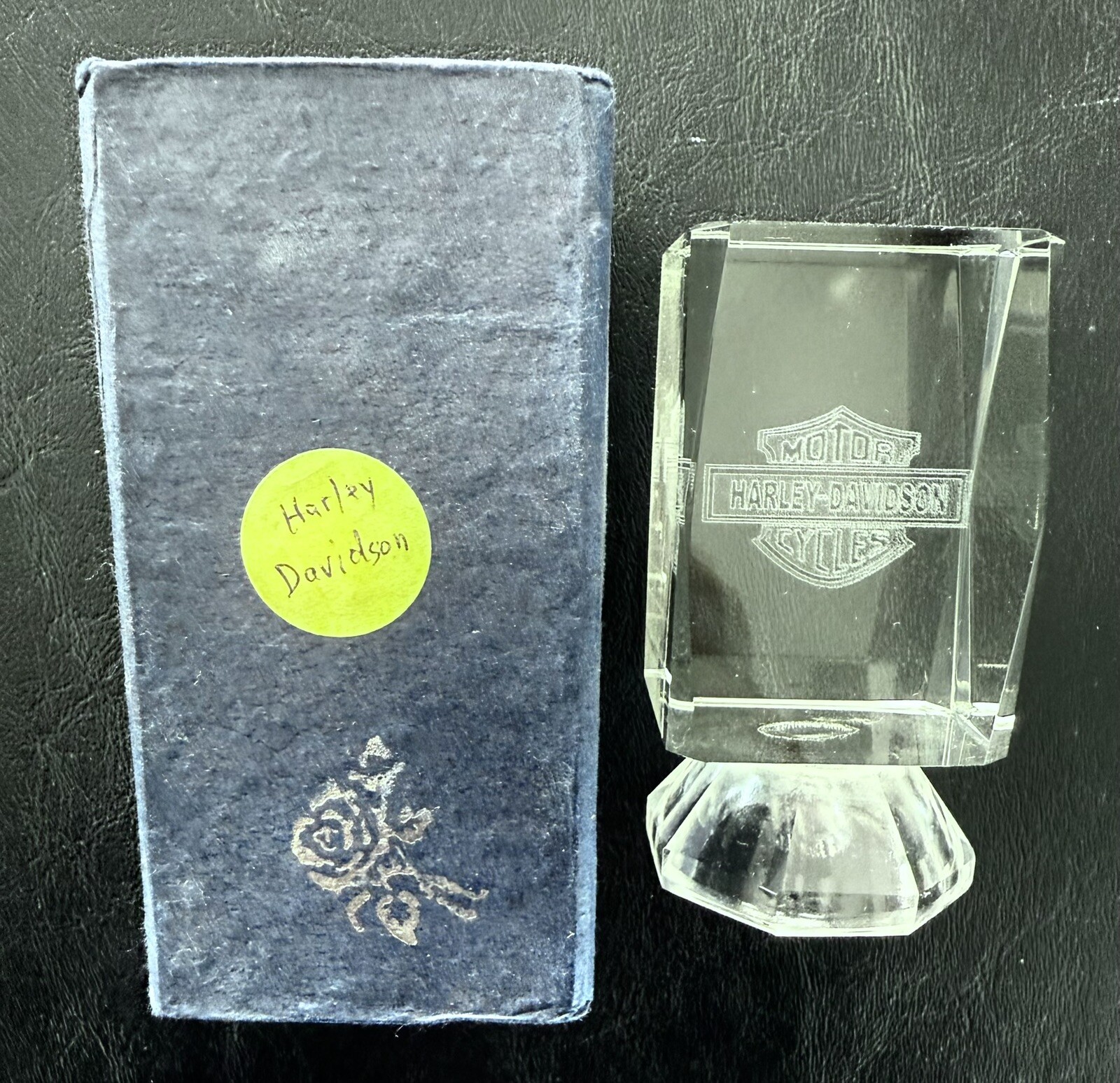 REDUCED NEW Harley Davidson 3D Glass Laser Etched On Pedestal-Original Box