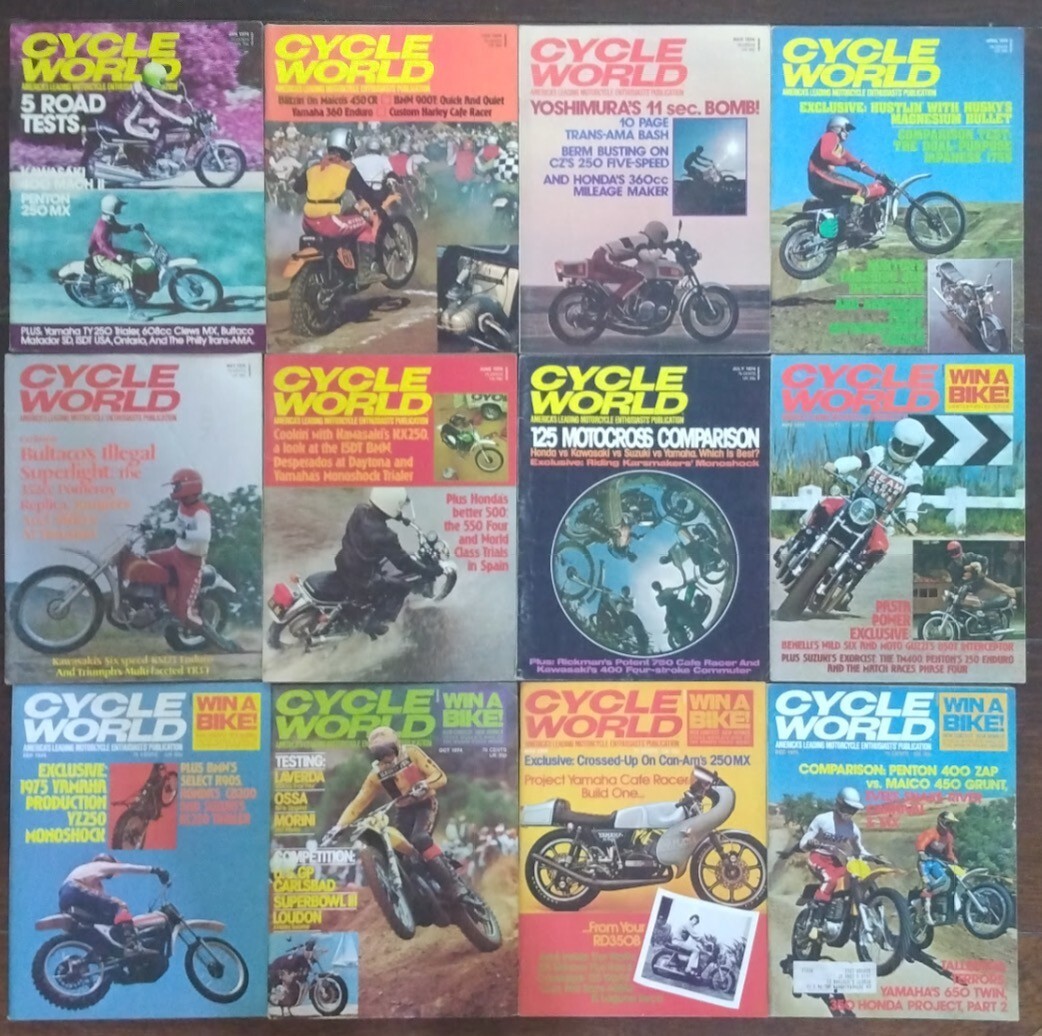 12 x Cycle World Motorcycle Magazines Jan-Dec 1974