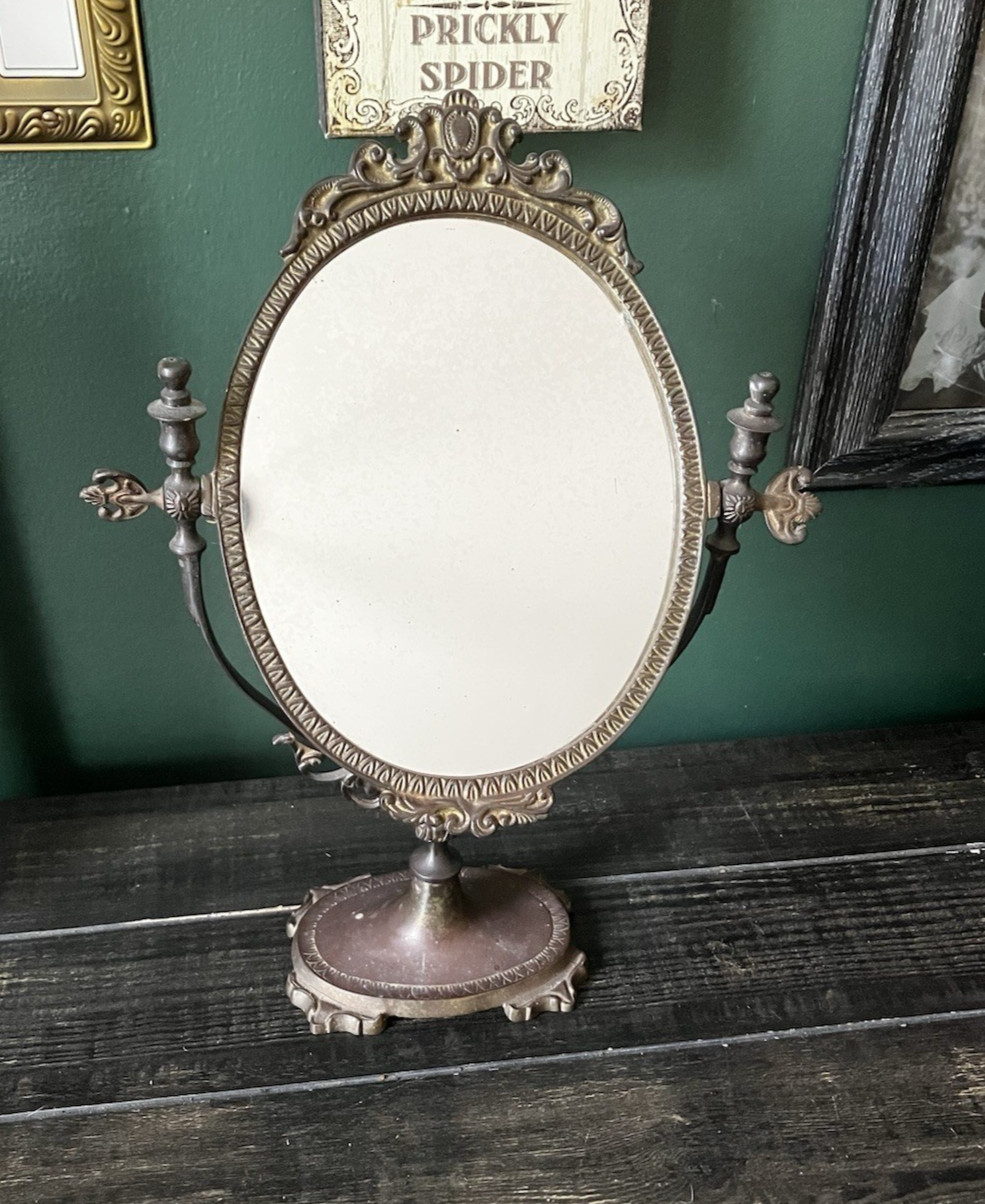 Vintage Ornate Brass Tabletop Vanity Mirror Swivel Goth Dark Academia Decor