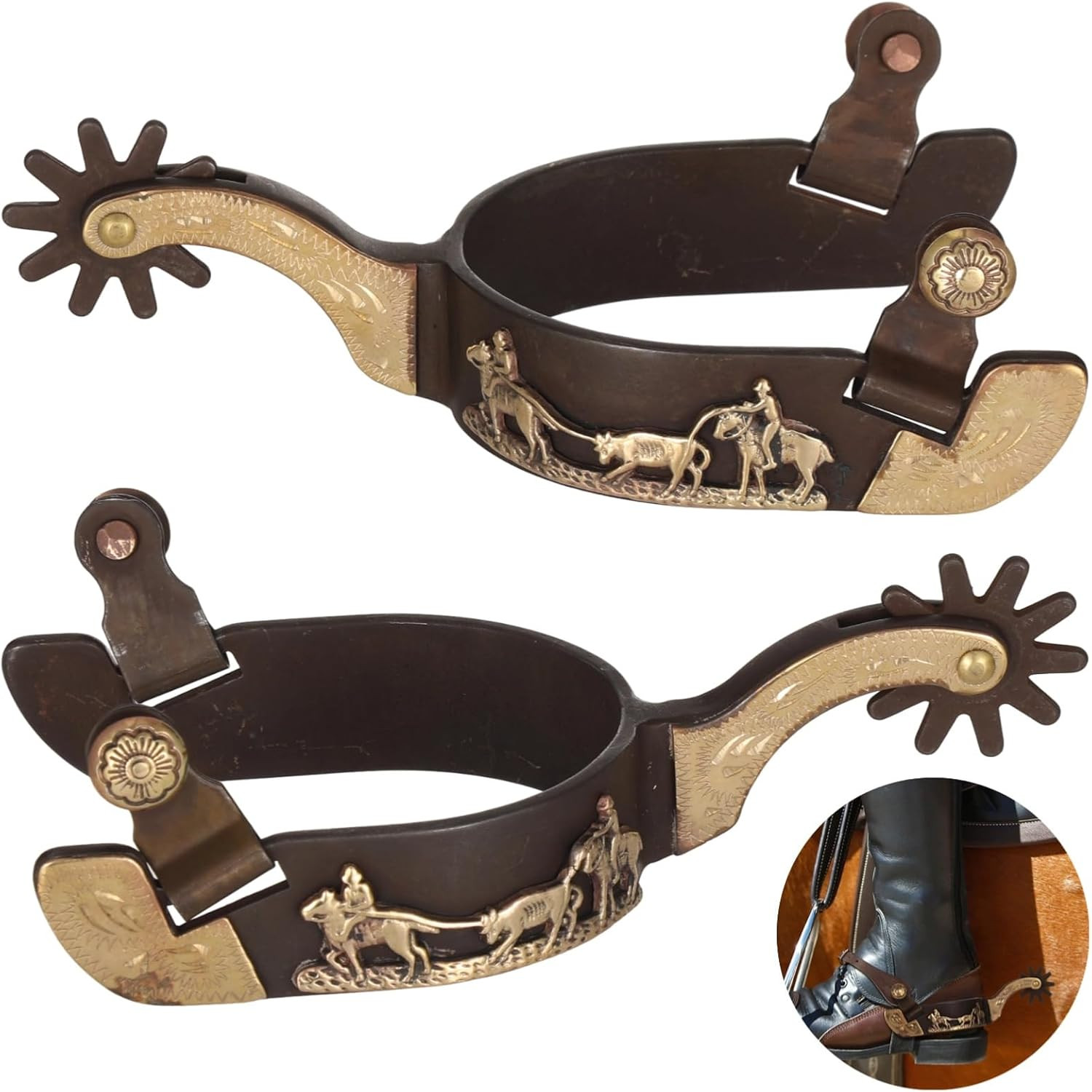 2 Pcs Western Spurs, Cowboy Boot Spurs with Turnable Gear, Antique Copper and Br