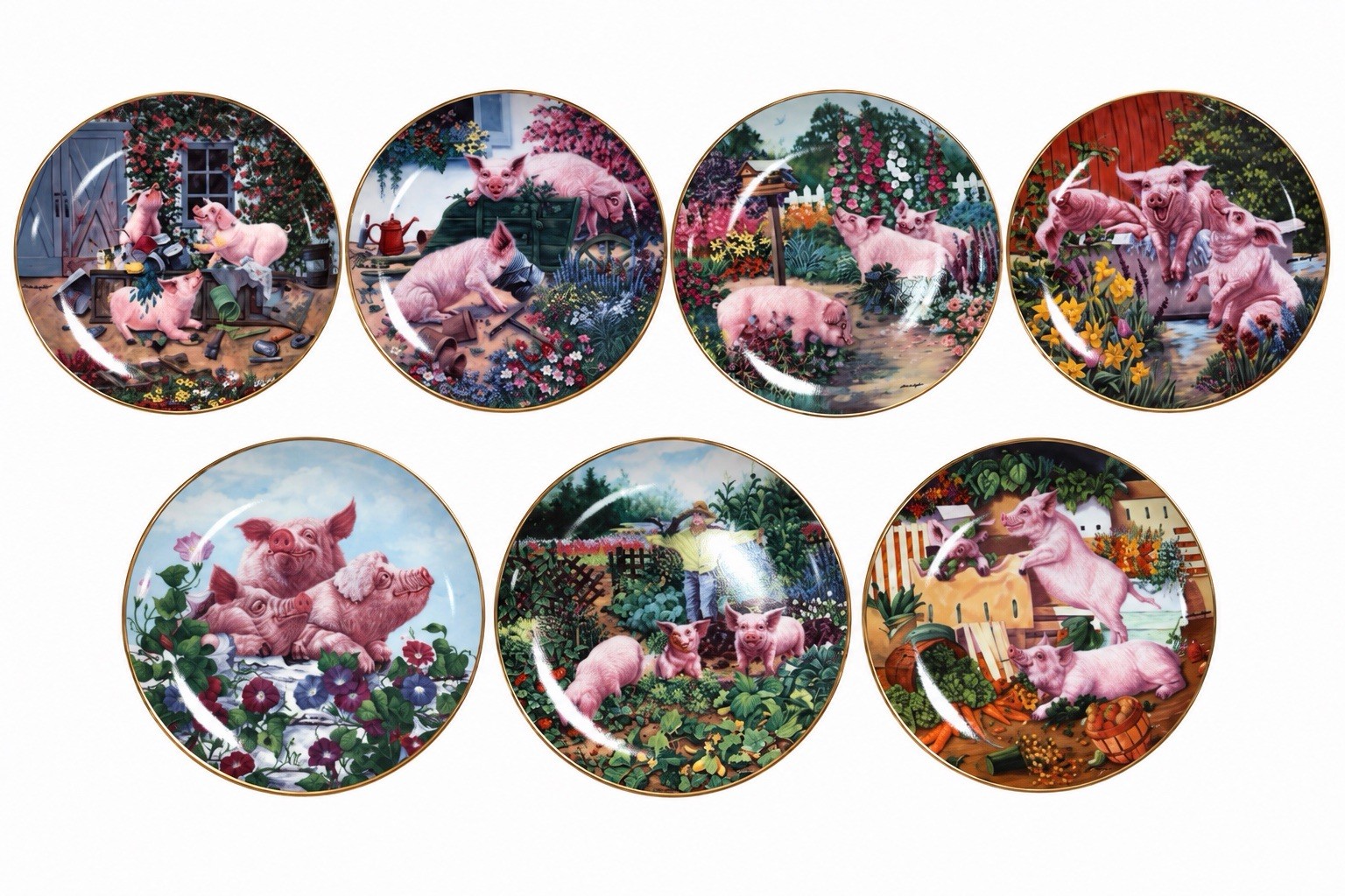 Danbury Mint Pigs in Bloom Lot of 7 Joan Wright Plates Matching Numbers B4449