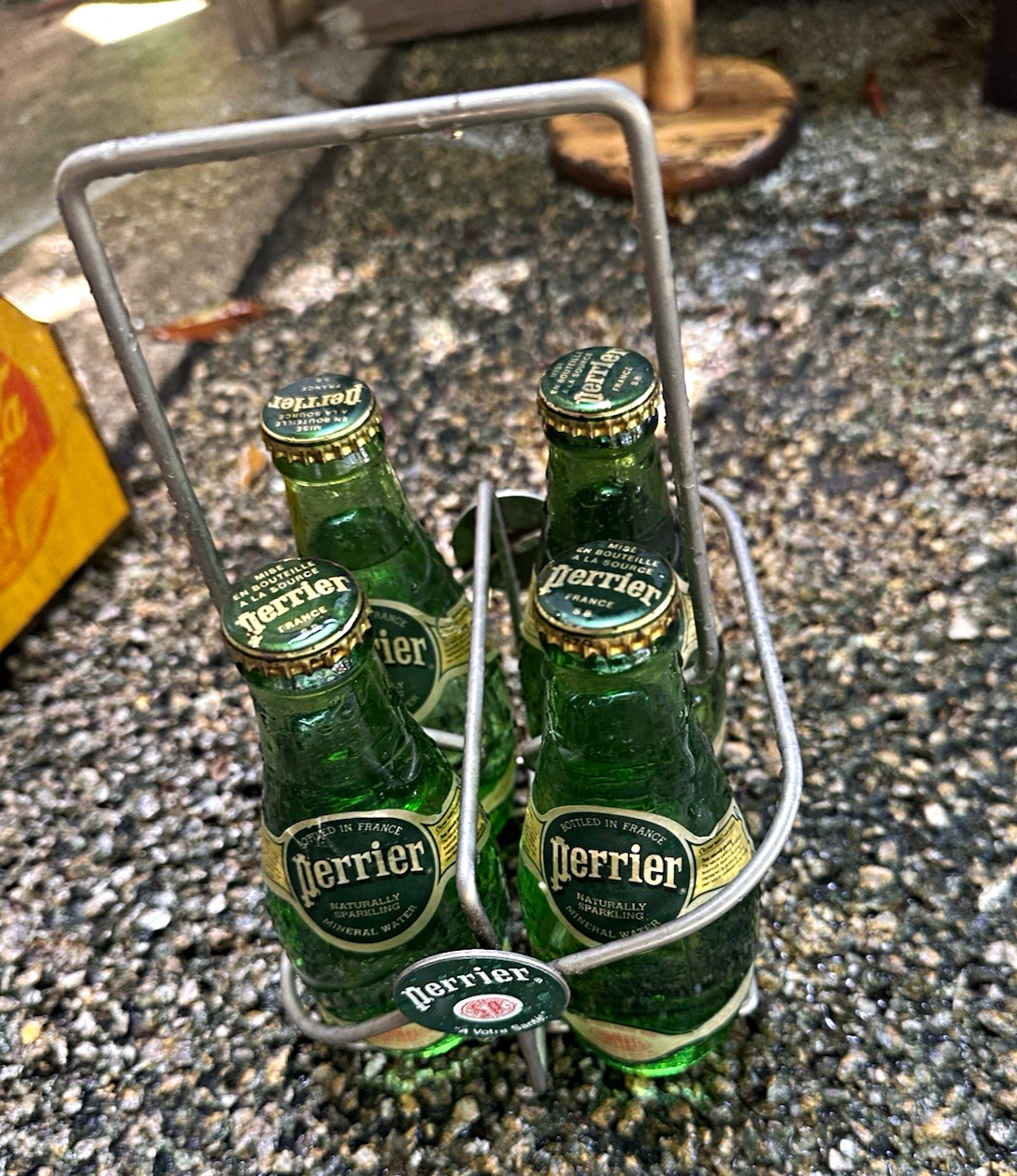 Perrier Green Glass Sparkling Mineral Water Bottles w/ Metal Carrier 10 oz