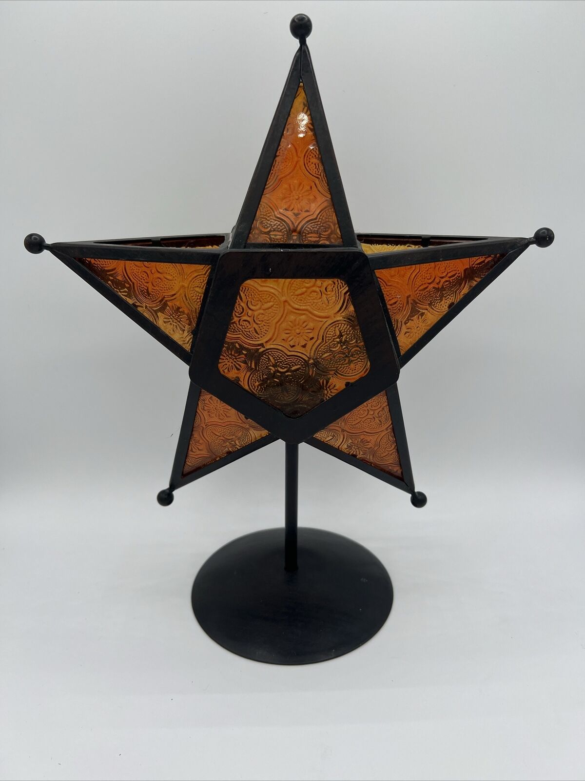 Moravian Stamped Glass Star Shaped Tea Lite Candle Holder- Gold/ Orange