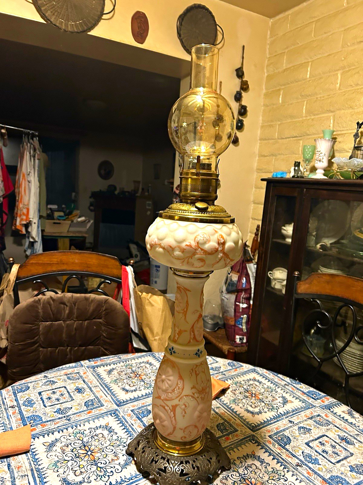 Mt. Washington ?Banquet Lamp (Oil) Metal Foot Glass Body Yellow with PinkyOrange