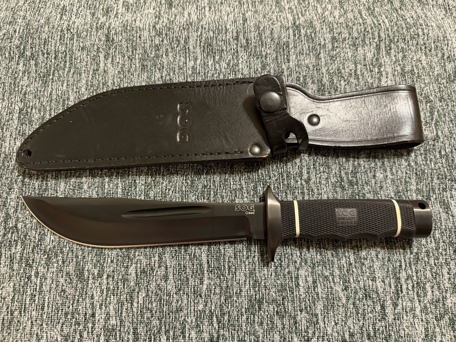 SOG Creed Fixed Blade Knife, Black Coated Blade Sheath Included Very Rare SOG Creed Fixed Blade Knife, Black Coated Blade Sheath Included Very Rare