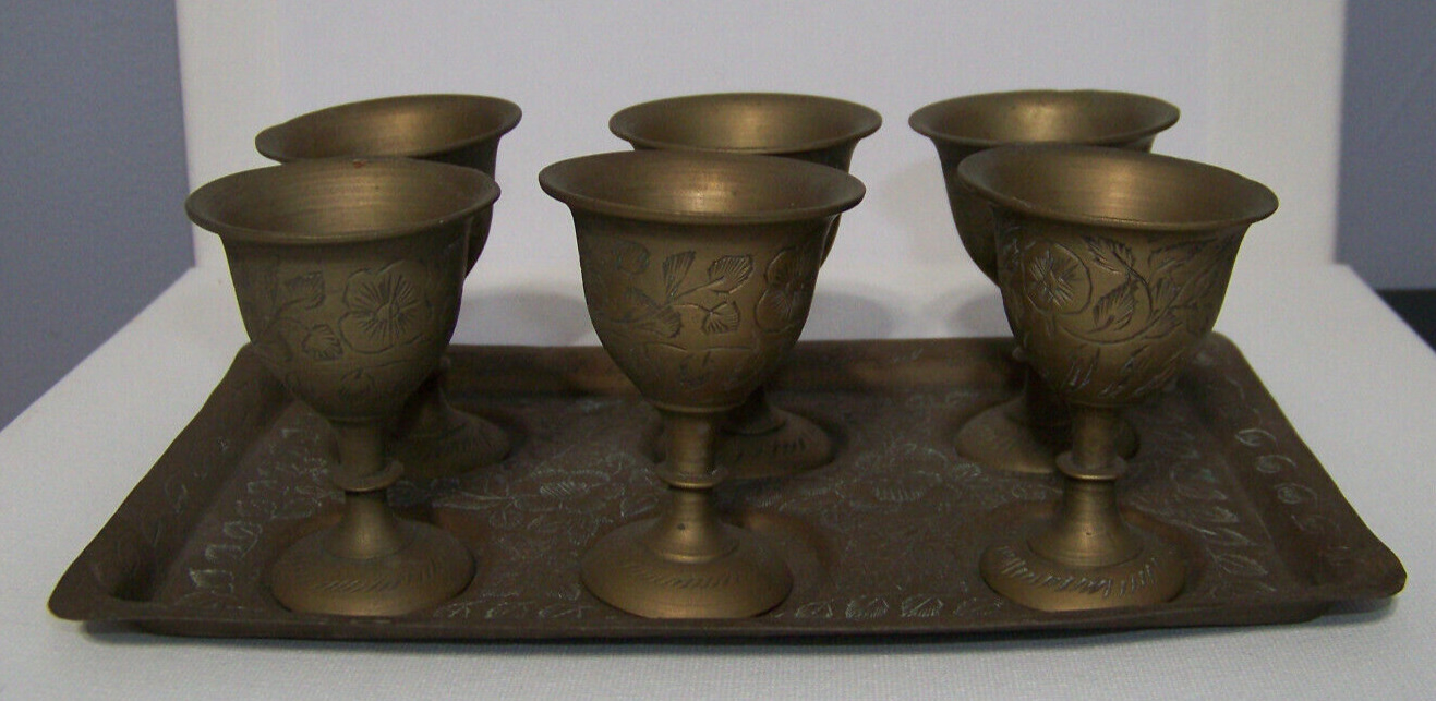Brass Tay with six Small Chalices Cups Ornamental Design