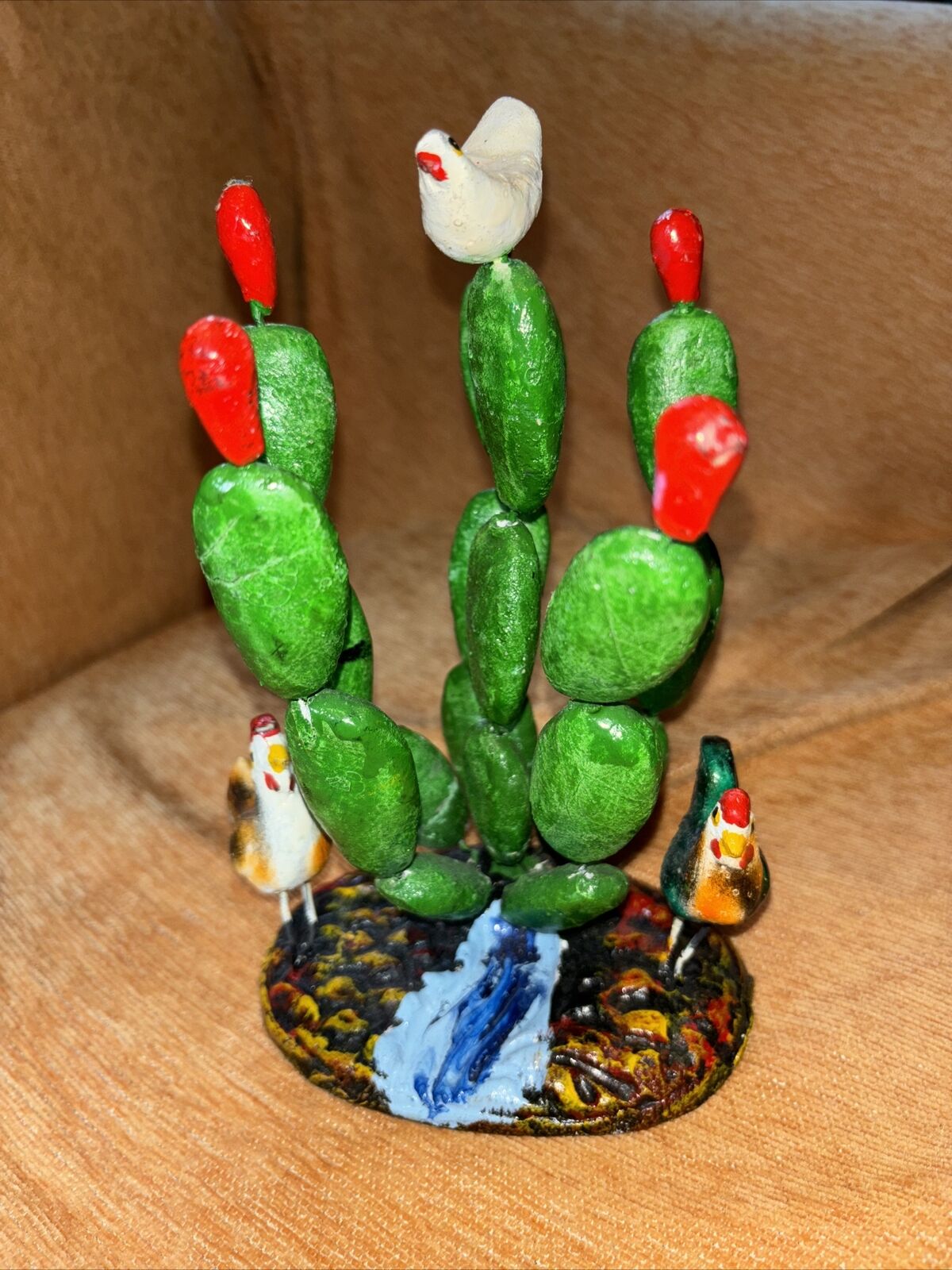9x6x5 Folk Art Handmade Clay Sculpture Mexico Cactus Prickly Pear Chickens OOAK
