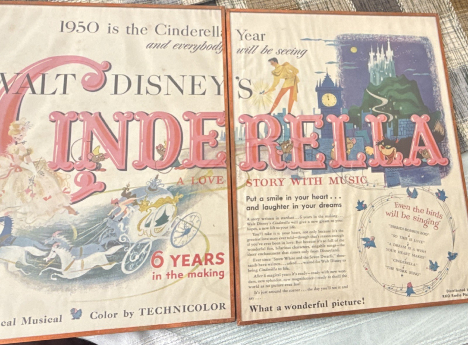 Walt Disney Cinderella 1956 Print Advertisement Pink Blue Yellow w/ certificate