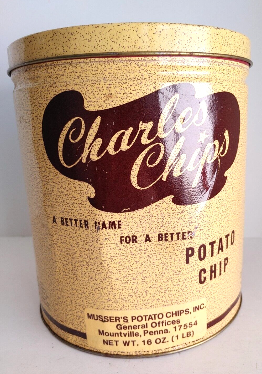 VTG Musser's Charles Chips BBQ Potato Chip Tin w Lid Container 16 oz  #21678