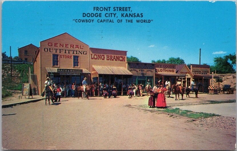 1961 DODGE CITY, Kansas Postcard FRONT STREET Actors in Costume 