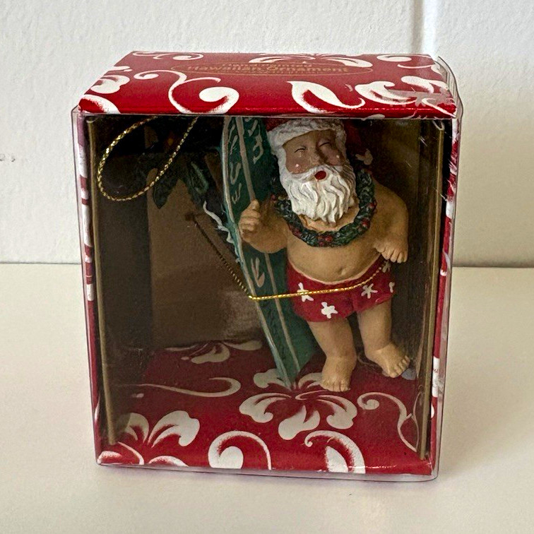 Island Heritage Hand Painted Hawaiian Surfboard Santa Hanging Christmas Ornament