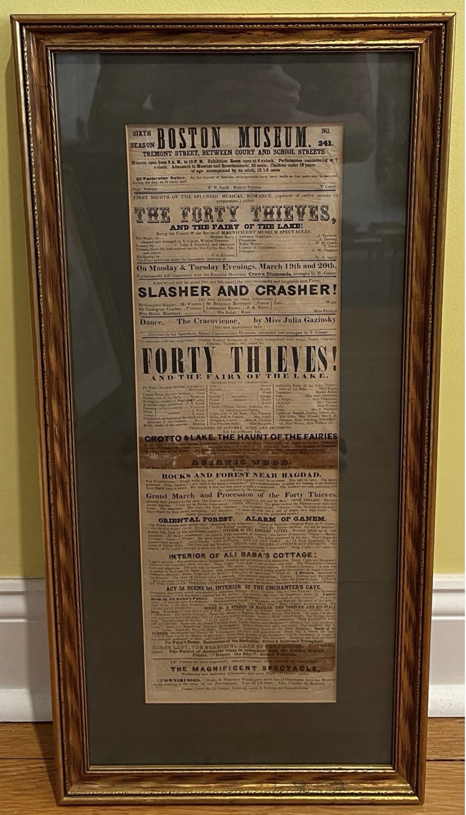 Antique 1849 Boston Museum Playbill Broadside “The forty Thieves” Framed