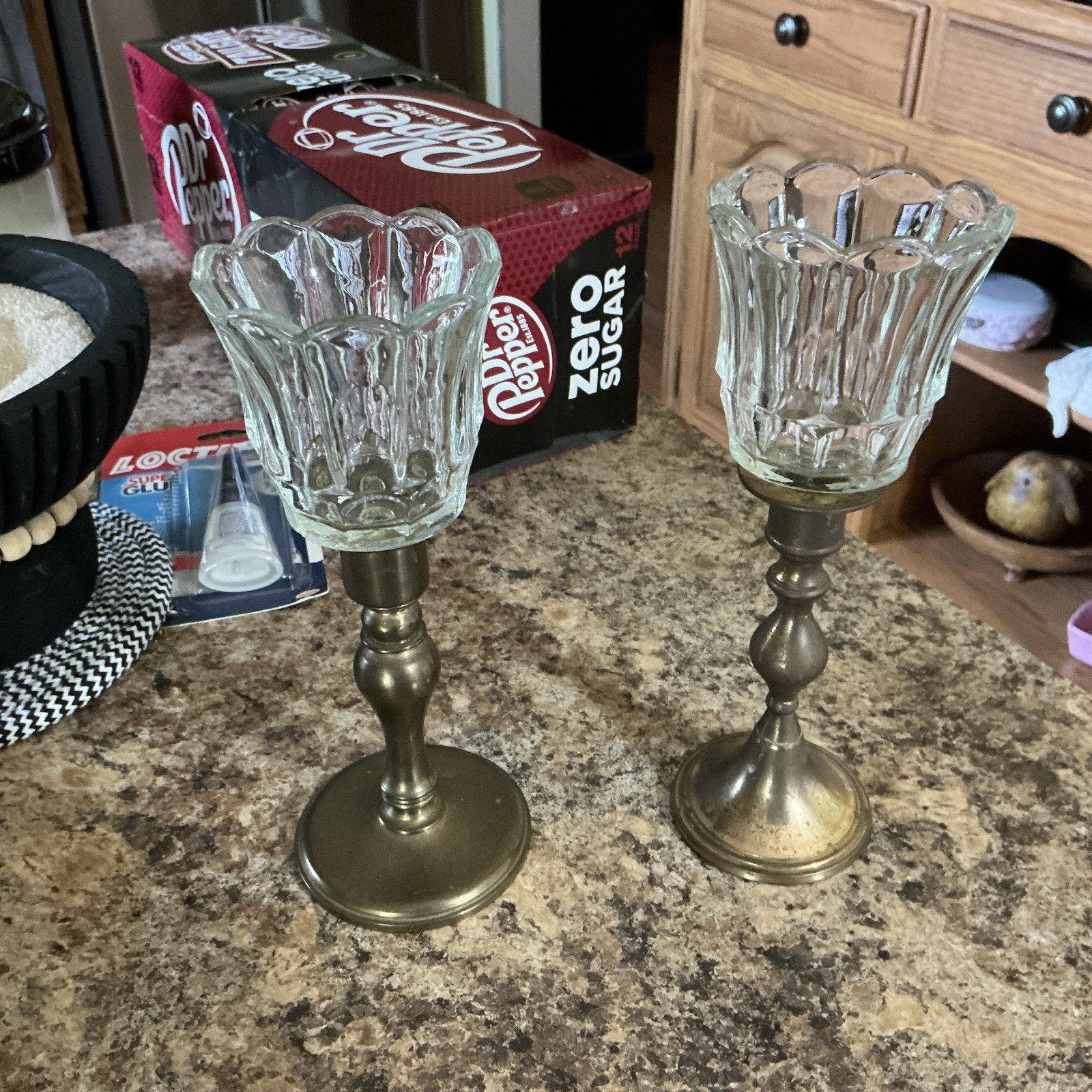 Two Vintage Brass Candlesticks/ W Clear Fluted Glass Peg Cups Two Vintage Brass Candlesticks/ W Clear Fluted Glass Peg Cups