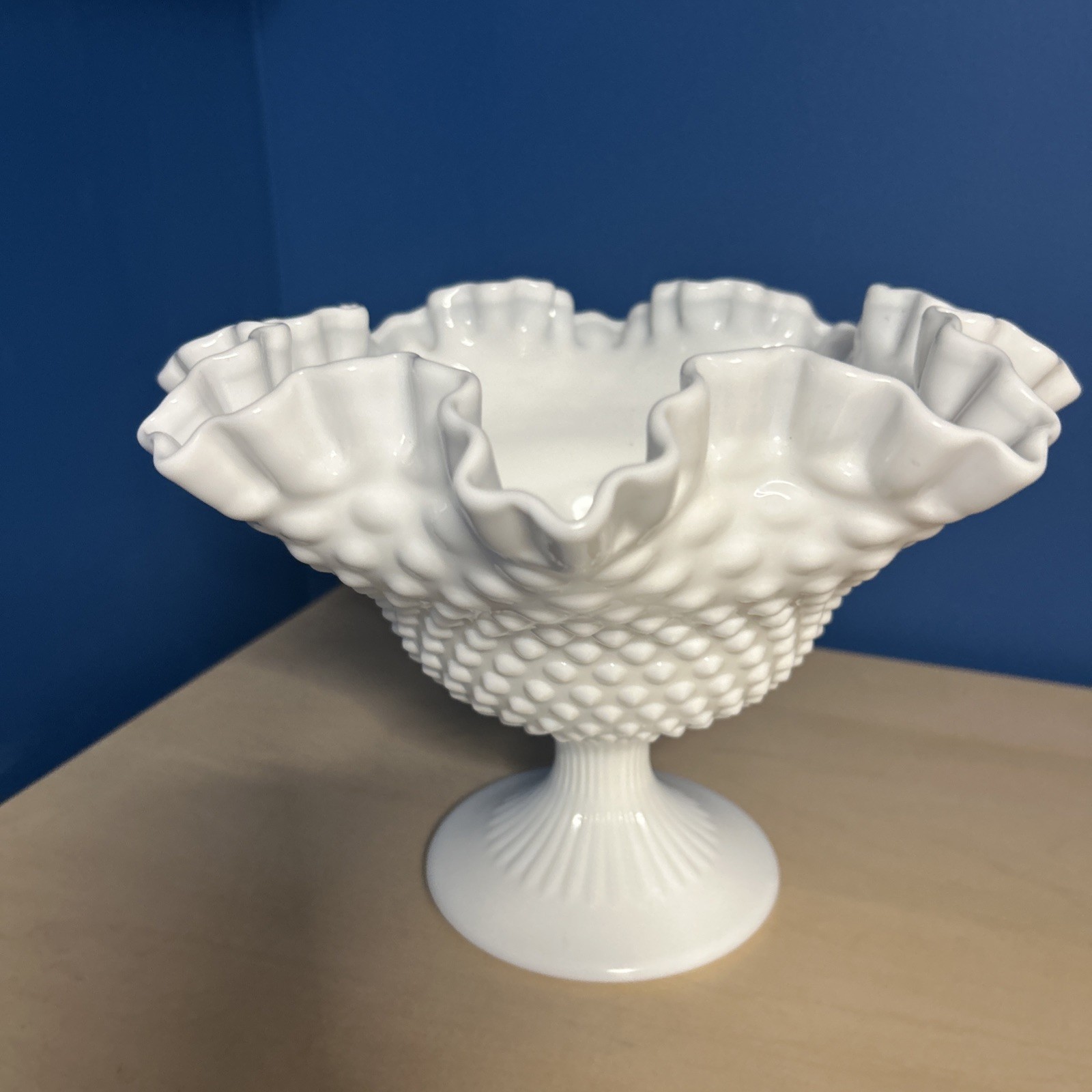 Fenton Hobnail White Ruffled Milk Glass Pedestal Bowl  Dish 7” Tall  Vintage