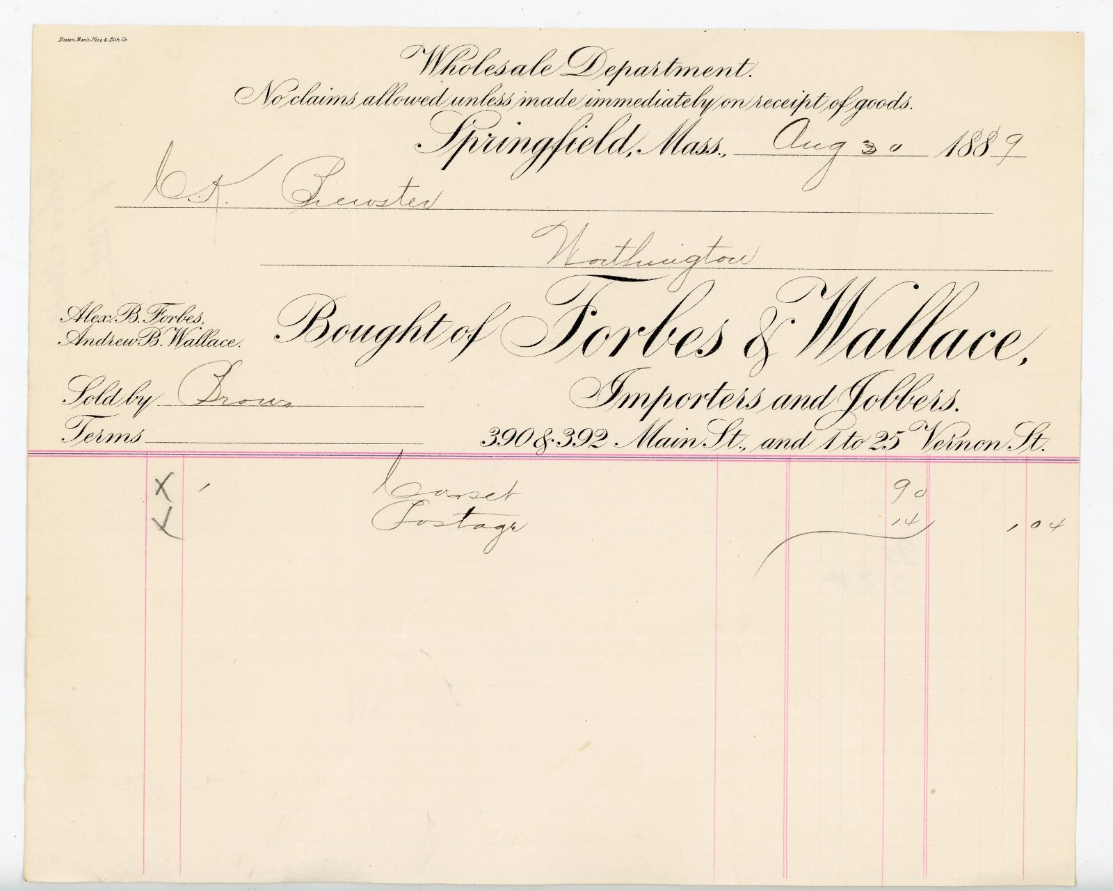 1889 Forbes & Wallace Invoice Worthington MA Wholesale Department Covet Postage