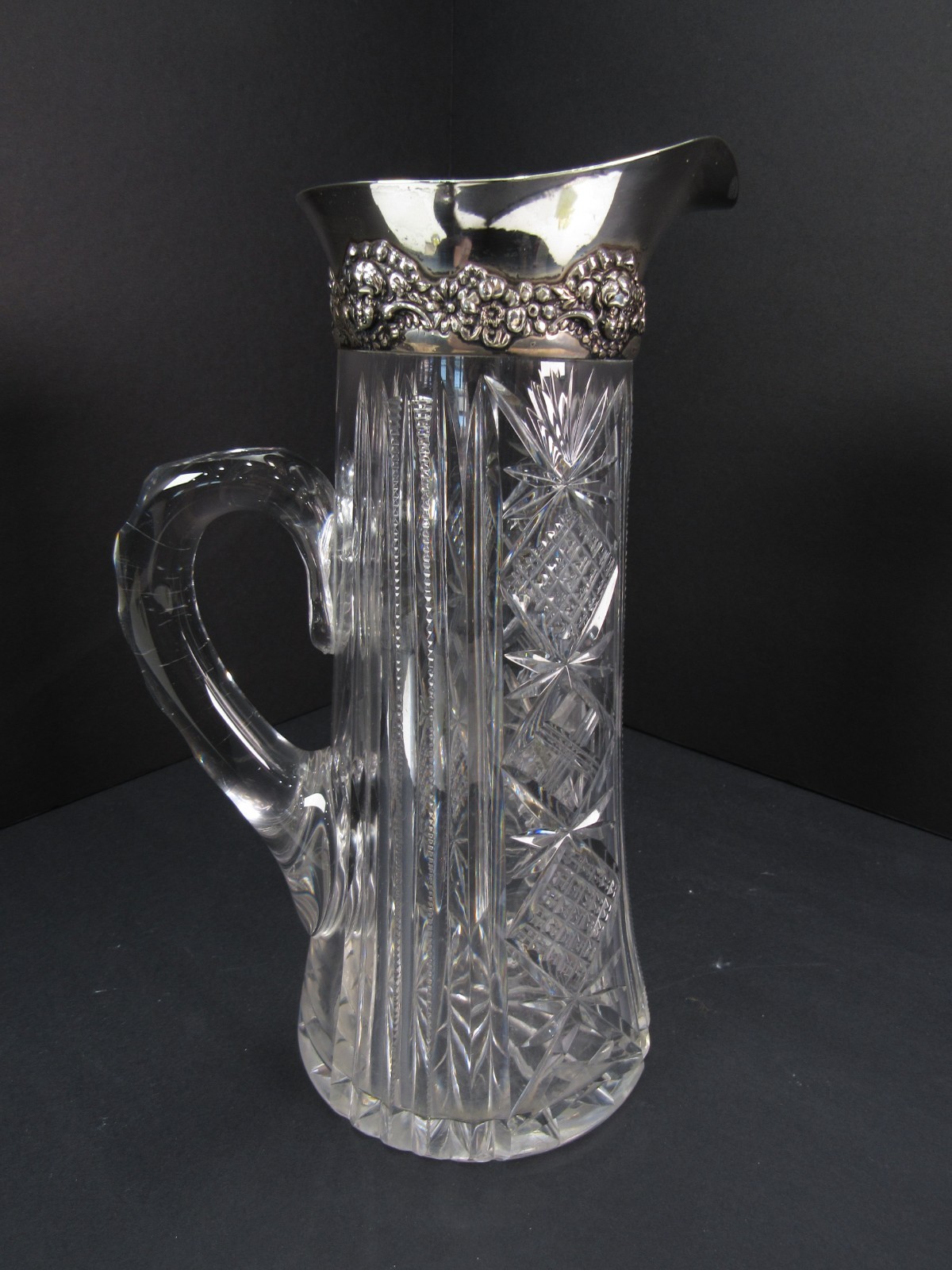 Antique ABP Cut Glass Pitcher Sterling Silver Floral Rim Monogrammed 10