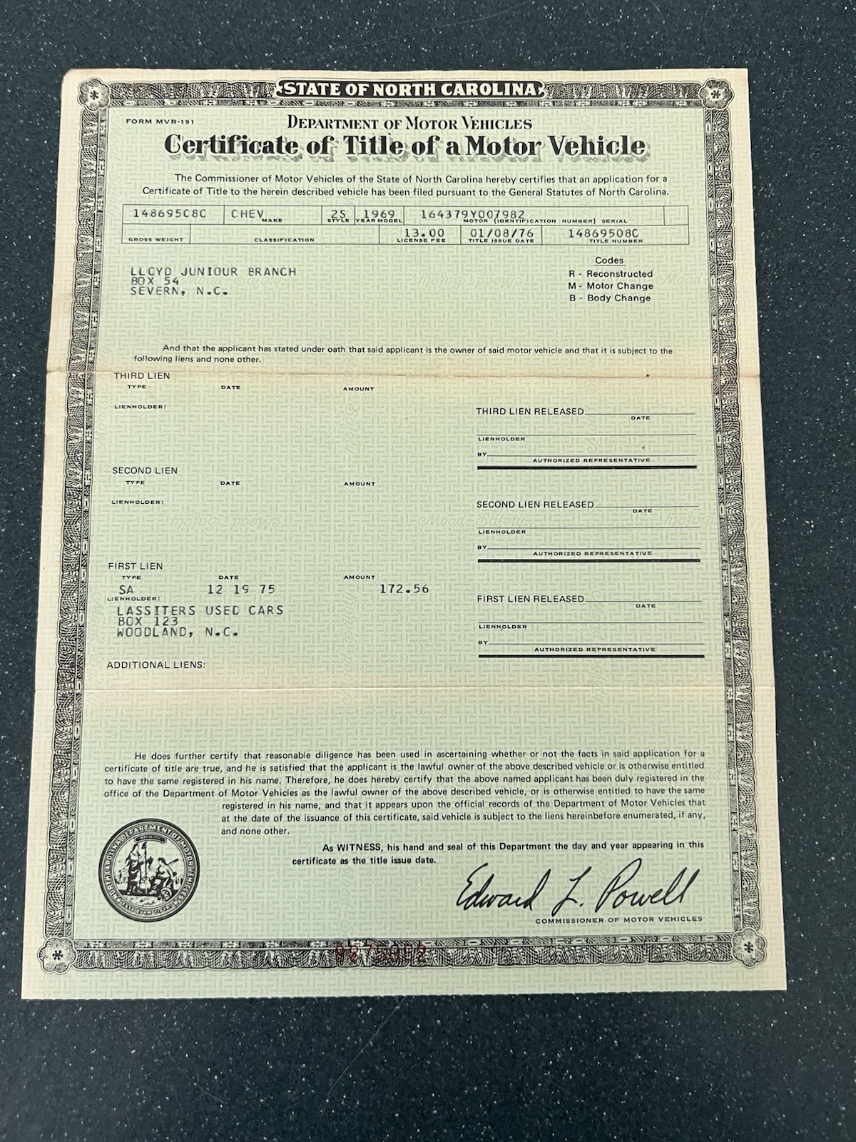 Genuine Original 1969 Chevrolet Impala 2 Door Coupe NC Car Title 16437