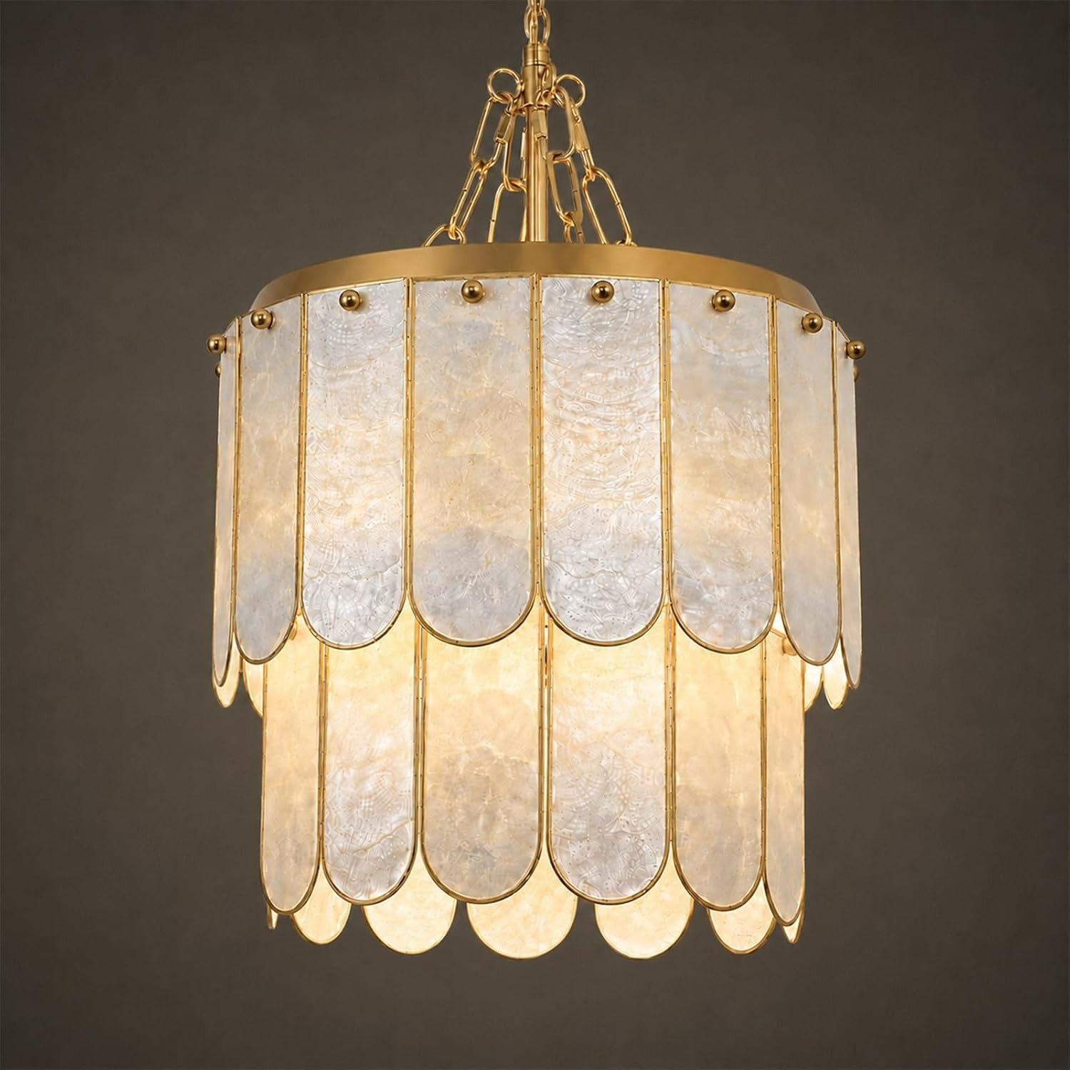 Gold Coastal Capiz Shell Chandelier - 13 Inch Handmade Shells Set in Brass..