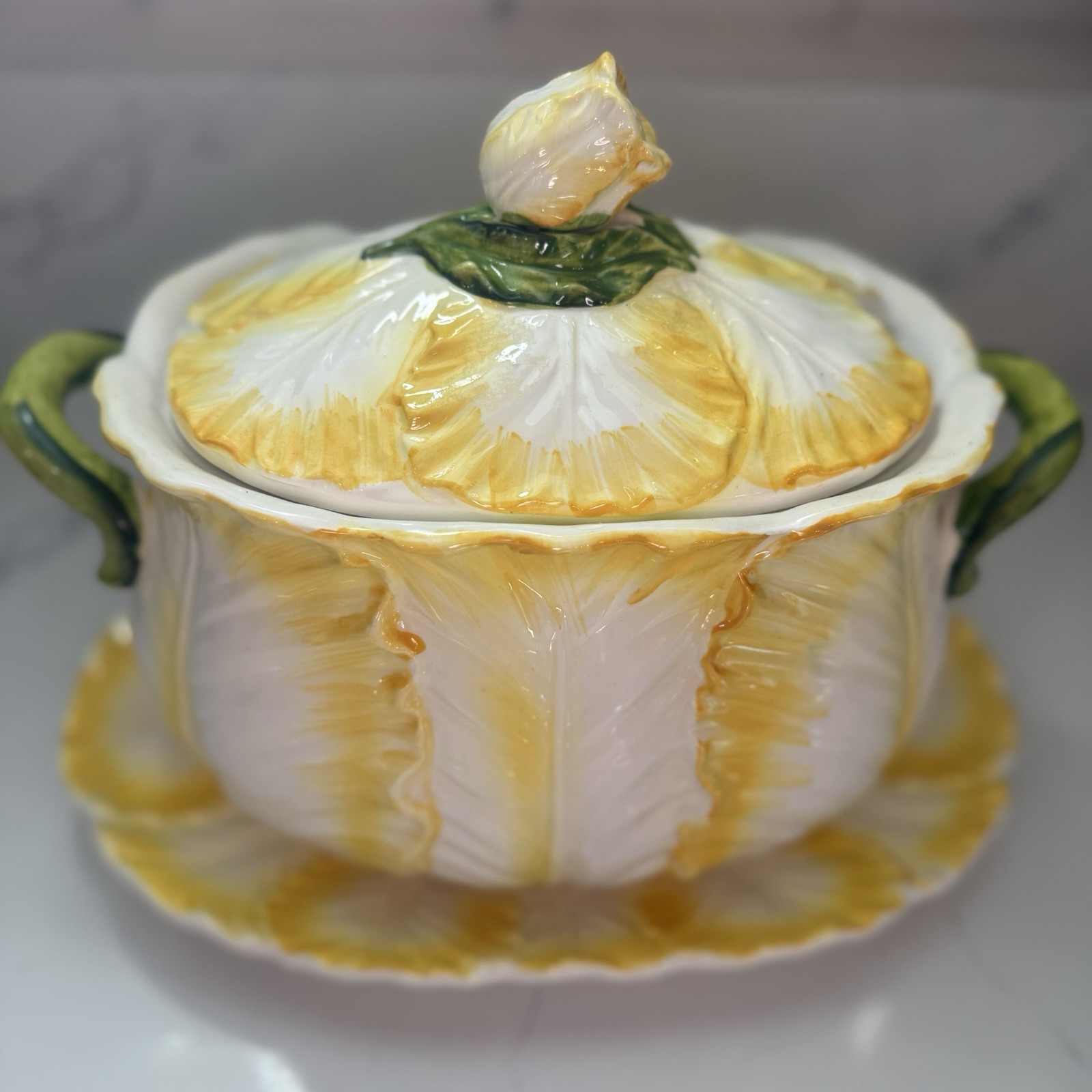 Lefton China Yellow Cabbage Leaf Tulip Soup Tureen with Underplate Japan Vintage