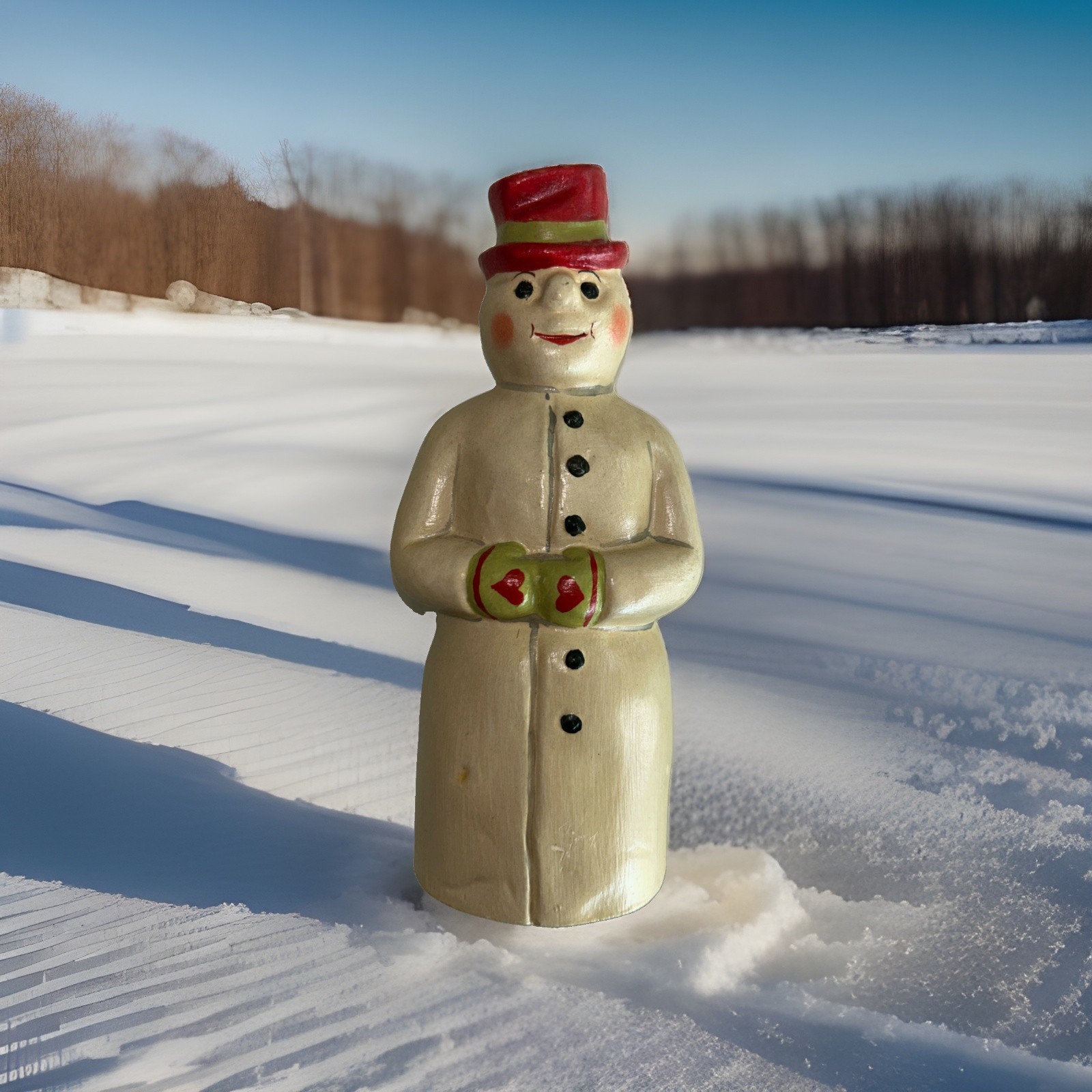 Vaillancourt Folk Art Chalkware Snowman Red Hat Green Mittens 2003 #279