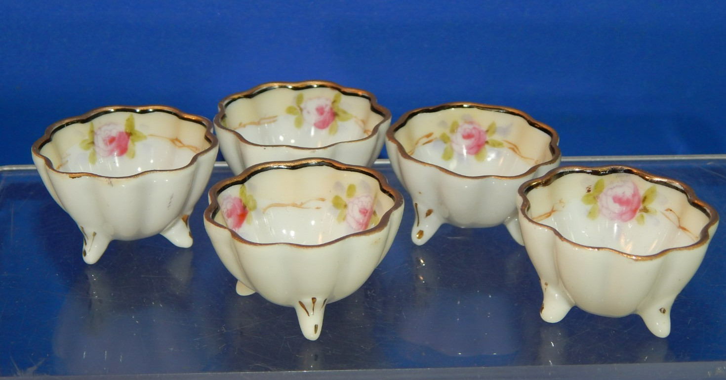 Lot of 5 Vintage Nippon Japan Footed Porcelain Salt Cellars Floral Pink Gold Rim