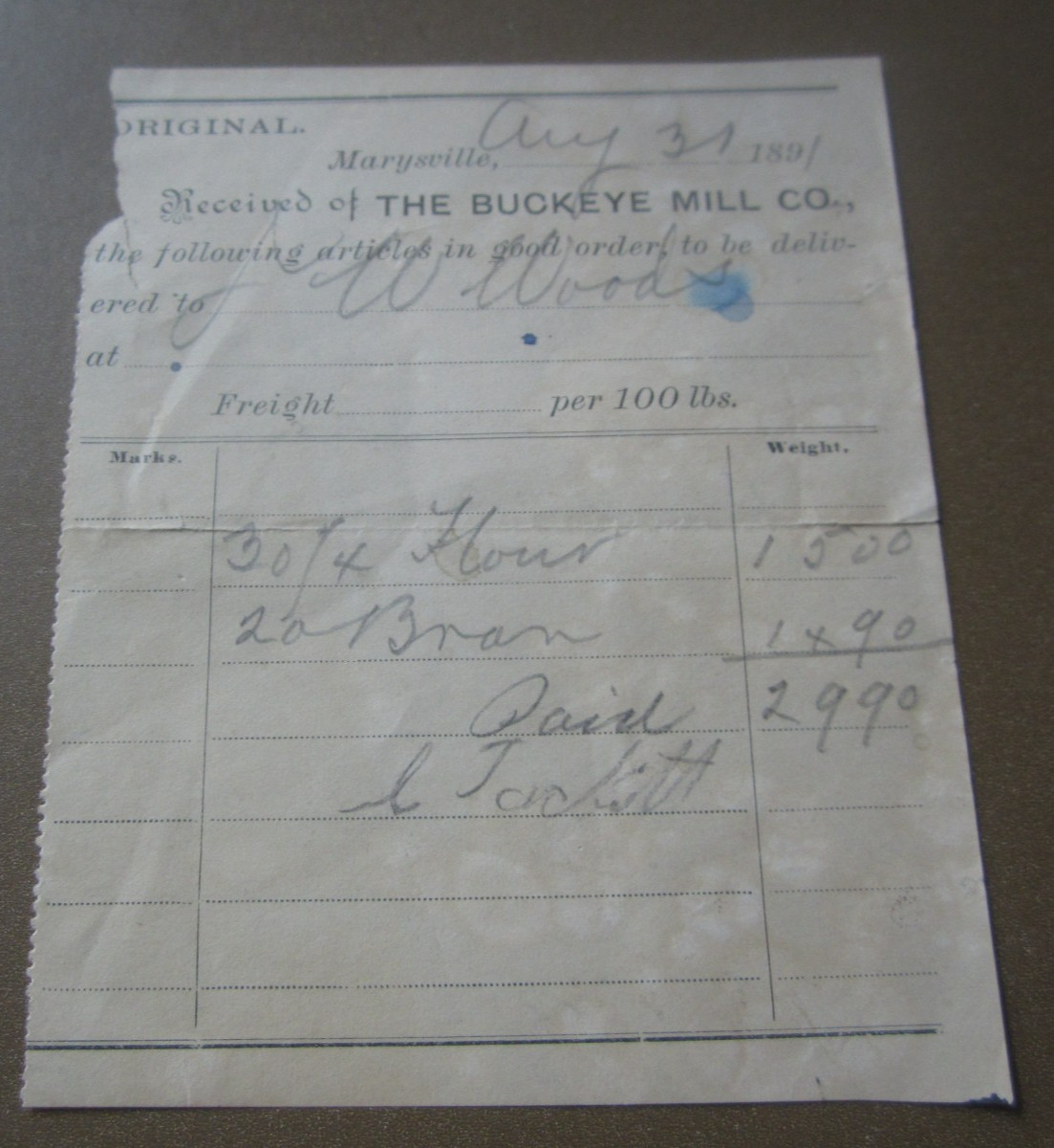 1891 - The BUCKEYE MILL Co. - MARYSVILLE CA. - Receipt Document