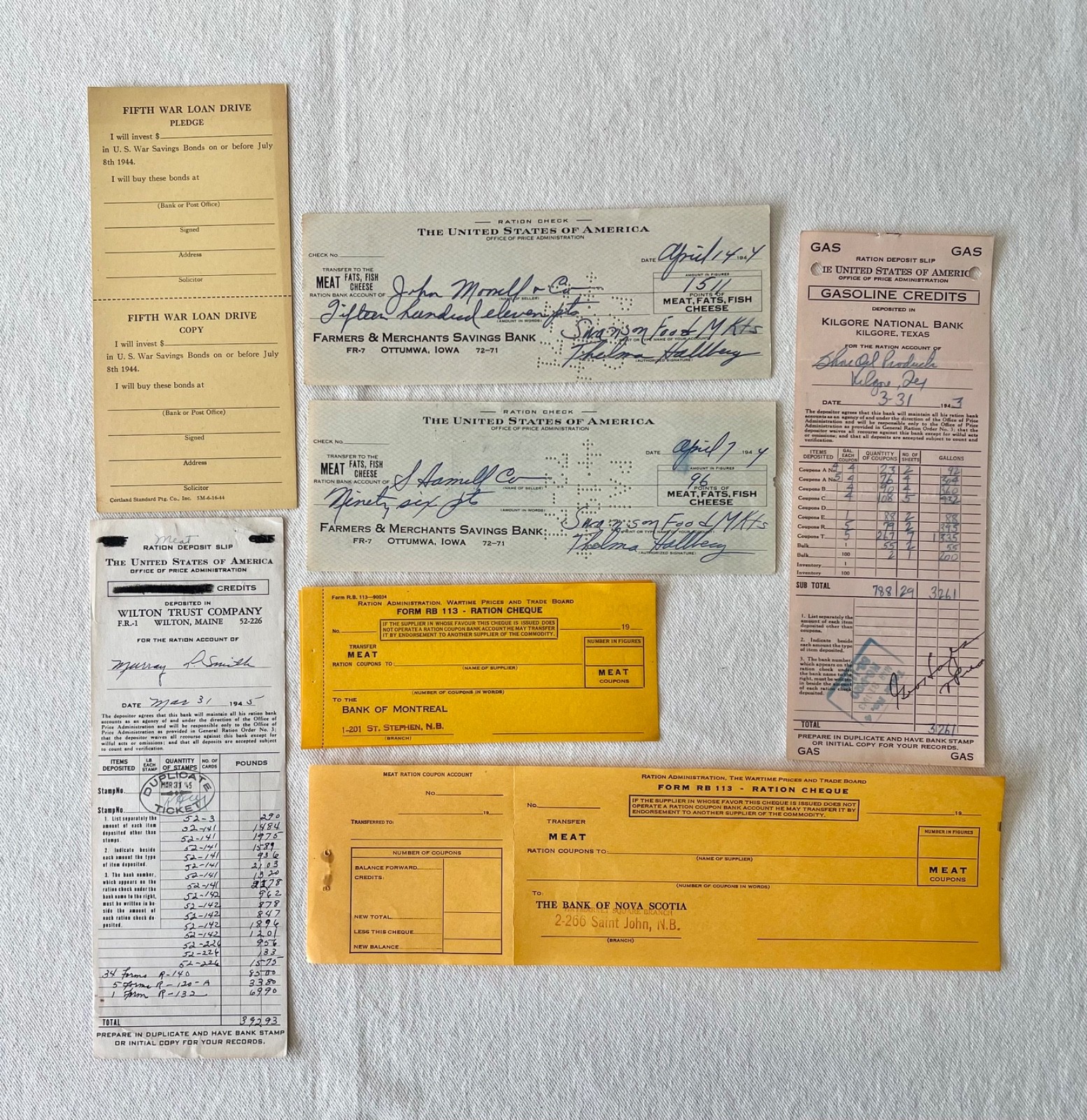 Vintage WWII 1943-45 Ration Checks Deposit Slips War Loan Ephemera Lot of 7